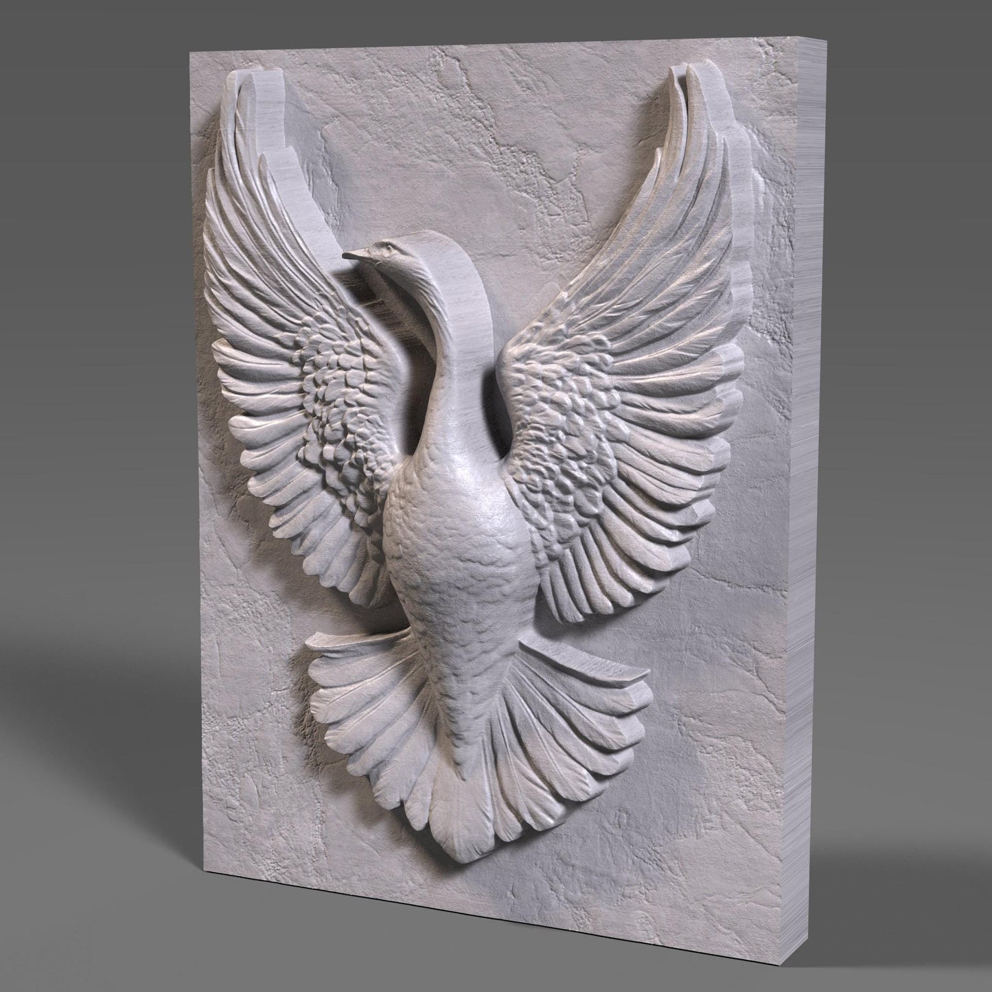 Stunning bas-relief sculpture of a Canada goose with wings fully spread in an elegant, upward motion. This detailed 3D artwork is ideal for CNC carving, laser engraving, or 3D printing in wood, resin, or ivory-style material. A perfect piece for wildlife lovers, rustic home décor, cabin walls, or patriotic gifts, symbolizing strength and grace in flight—bringing natural beauty to any interior setting.