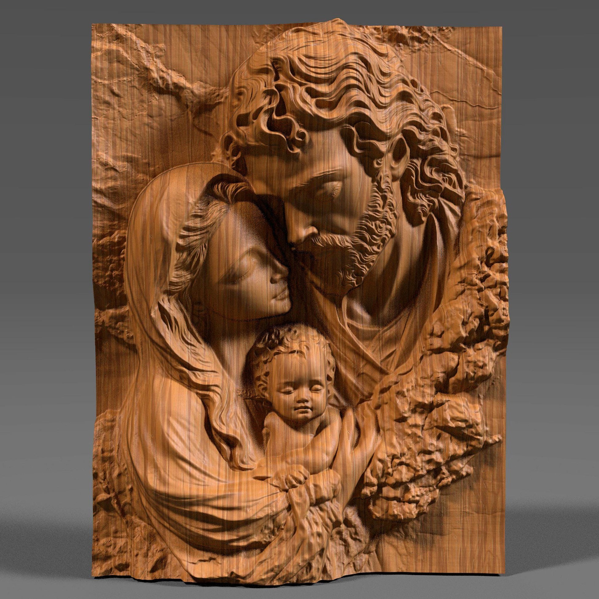 A serene and deeply touching bas-relief of the Holy Family featuring Joseph, Mother Mary, and Baby Jesus in a tender moment. Designed in high detail for CNC carving, laser engraving, and 3D printing, this Christian wall art radiates love, peace, and divinity. Ideal for religious décor, spiritual gifts, or holiday decorations, this STL design captures the sacred beauty of the nativity scene in wood, ivory, or marble-style finishes.
