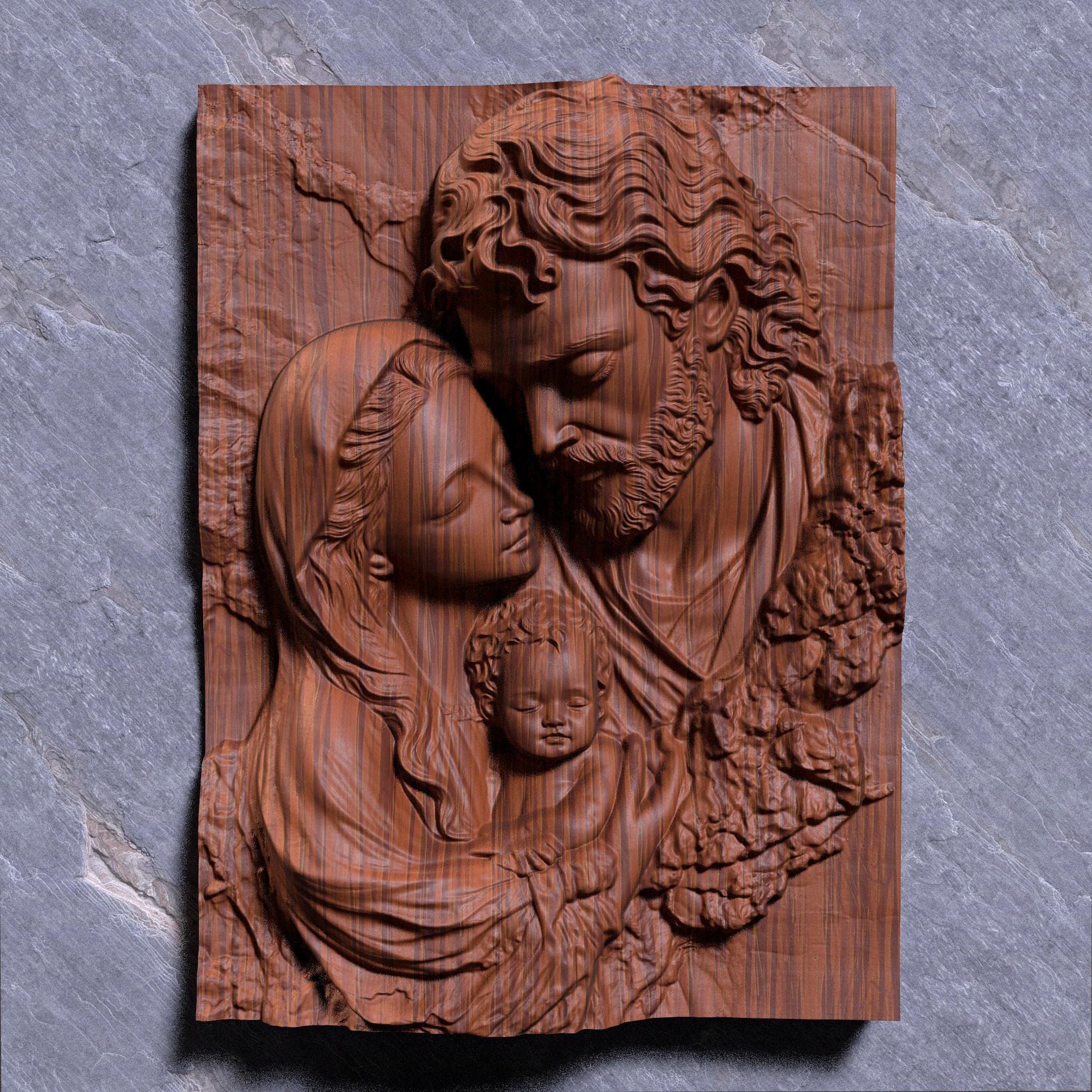 A serene and deeply touching bas-relief of the Holy Family featuring Joseph, Mother Mary, and Baby Jesus in a tender moment. Designed in high detail for CNC carving, laser engraving, and 3D printing, this Christian wall art radiates love, peace, and divinity. Ideal for religious décor, spiritual gifts, or holiday decorations, this STL design captures the sacred beauty of the nativity scene in wood, ivory, or marble-style finishes.