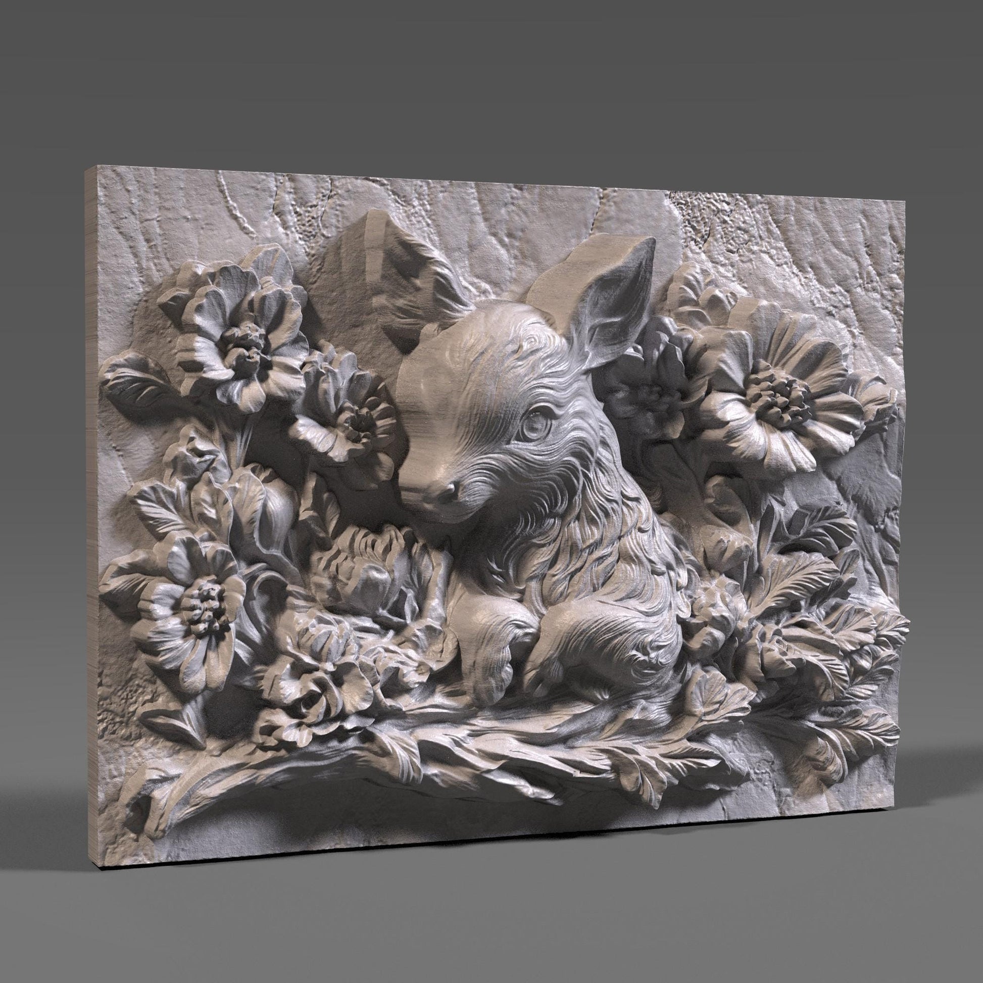 Deer with Flowers 3D Relief Model: CNC, Laser, Resin (STL File)