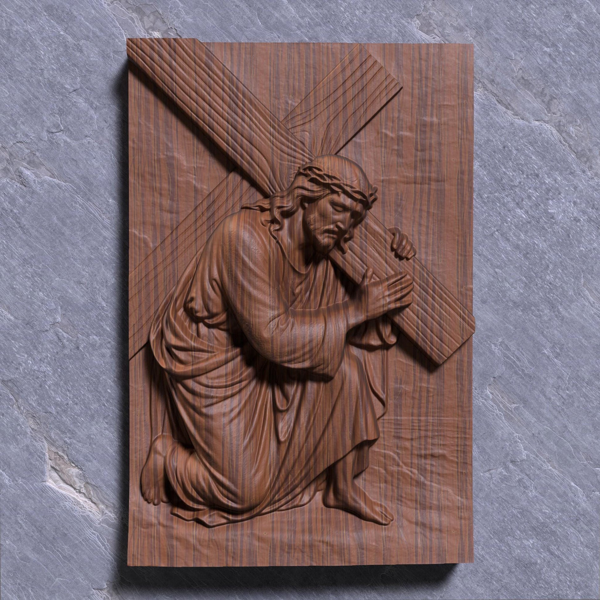 A highly detailed 3D bas-relief of Jesus Christ carrying the cross, kneeling with profound emotion and strength. Designed for CNC carving, laser engraving, or 3D printing, this STL artwork captures a sacred moment from the Passion. Perfect for Easter decor, religious gifts, or church installations. Ideal for wood, resin, or marble-like finishes, this powerful scene brings depth and spiritual reverence to any Christian wall art collection.