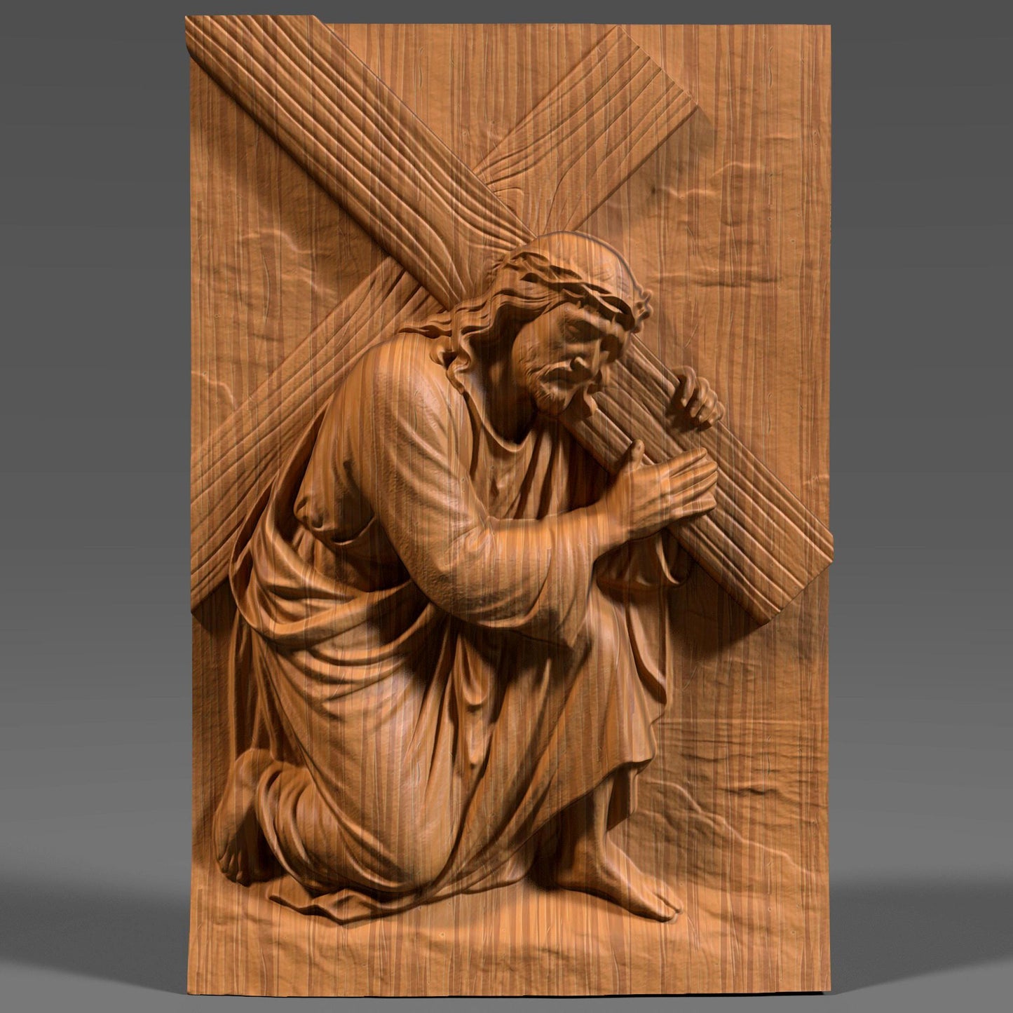 A highly detailed 3D bas-relief of Jesus Christ carrying the cross, kneeling with profound emotion and strength. Designed for CNC carving, laser engraving, or 3D printing, this STL artwork captures a sacred moment from the Passion. Perfect for Easter decor, religious gifts, or church installations. Ideal for wood, resin, or marble-like finishes, this powerful scene brings depth and spiritual reverence to any Christian wall art collection.
