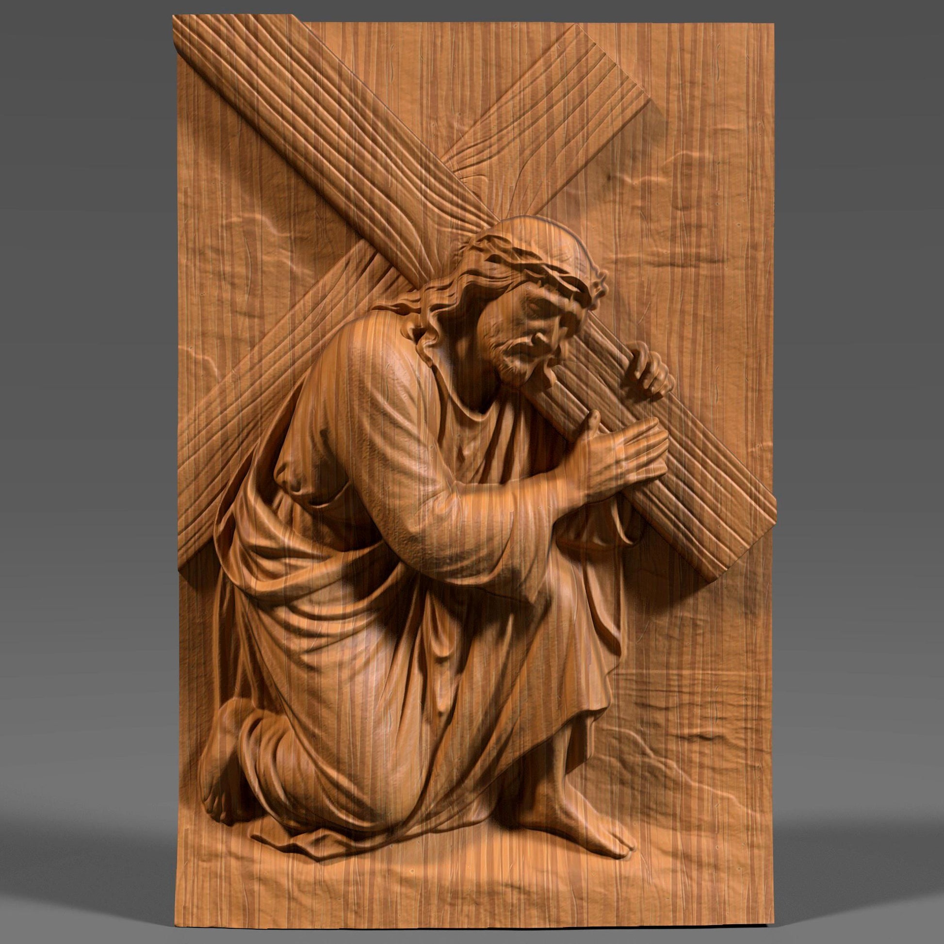 A highly detailed 3D bas-relief of Jesus Christ carrying the cross, kneeling with profound emotion and strength. Designed for CNC carving, laser engraving, or 3D printing, this STL artwork captures a sacred moment from the Passion. Perfect for Easter decor, religious gifts, or church installations. Ideal for wood, resin, or marble-like finishes, this powerful scene brings depth and spiritual reverence to any Christian wall art collection.