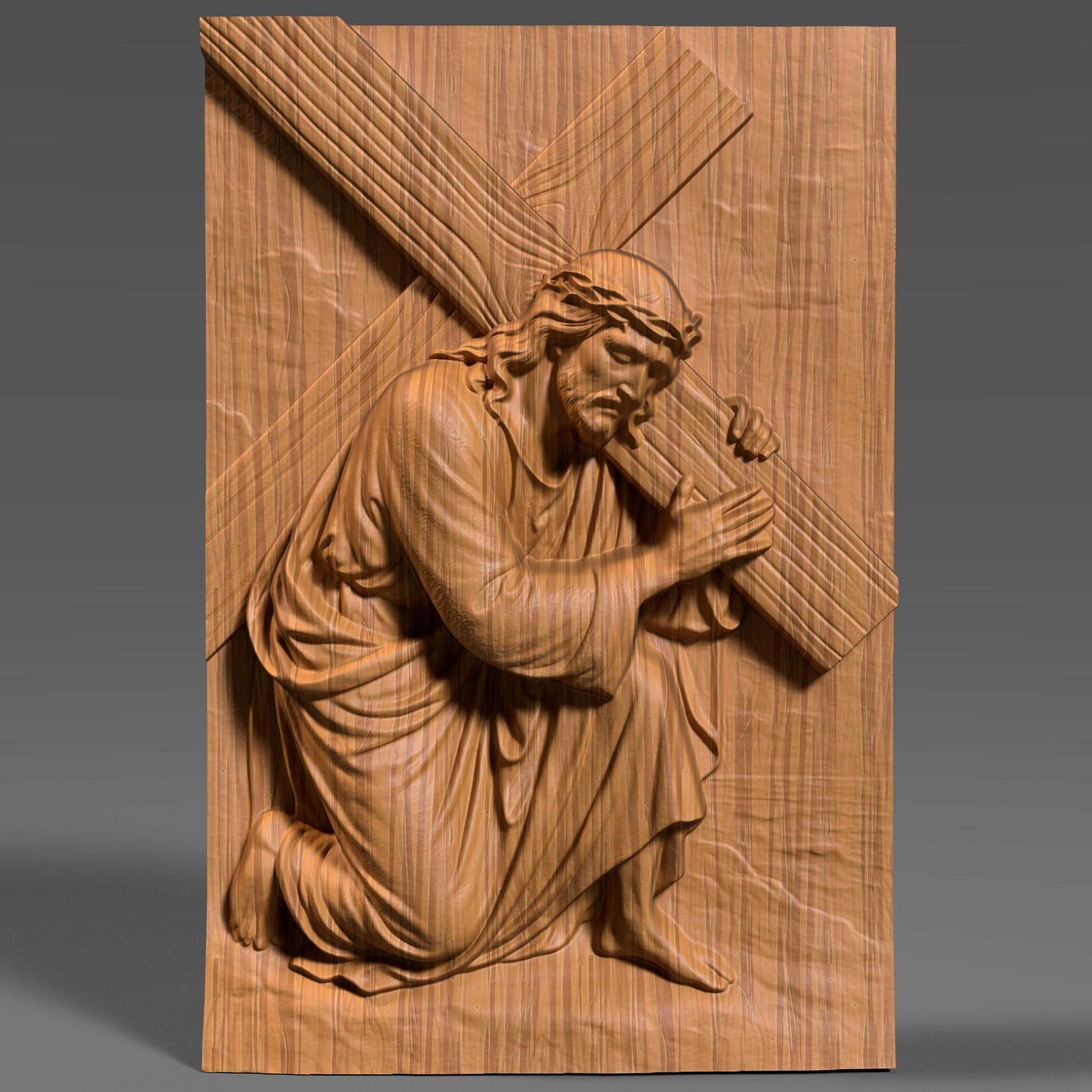 A highly detailed 3D bas-relief of Jesus Christ carrying the cross, kneeling with profound emotion and strength. Designed for CNC carving, laser engraving, or 3D printing, this STL artwork captures a sacred moment from the Passion. Perfect for Easter decor, religious gifts, or church installations. Ideal for wood, resin, or marble-like finishes, this powerful scene brings depth and spiritual reverence to any Christian wall art collection.