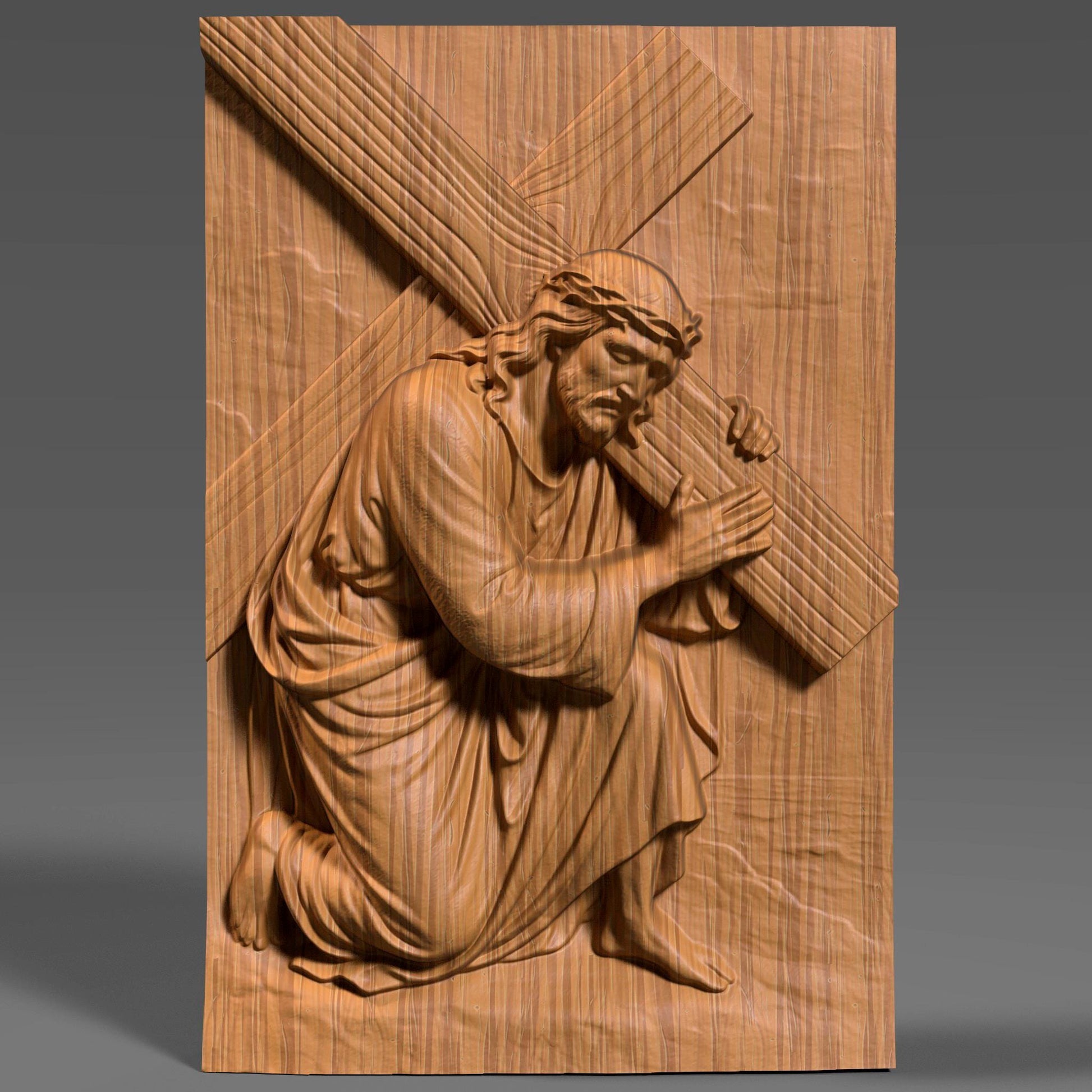 A highly detailed 3D bas-relief of Jesus Christ carrying the cross, kneeling with profound emotion and strength. Designed for CNC carving, laser engraving, or 3D printing, this STL artwork captures a sacred moment from the Passion. Perfect for Easter decor, religious gifts, or church installations. Ideal for wood, resin, or marble-like finishes, this powerful scene brings depth and spiritual reverence to any Christian wall art collection.