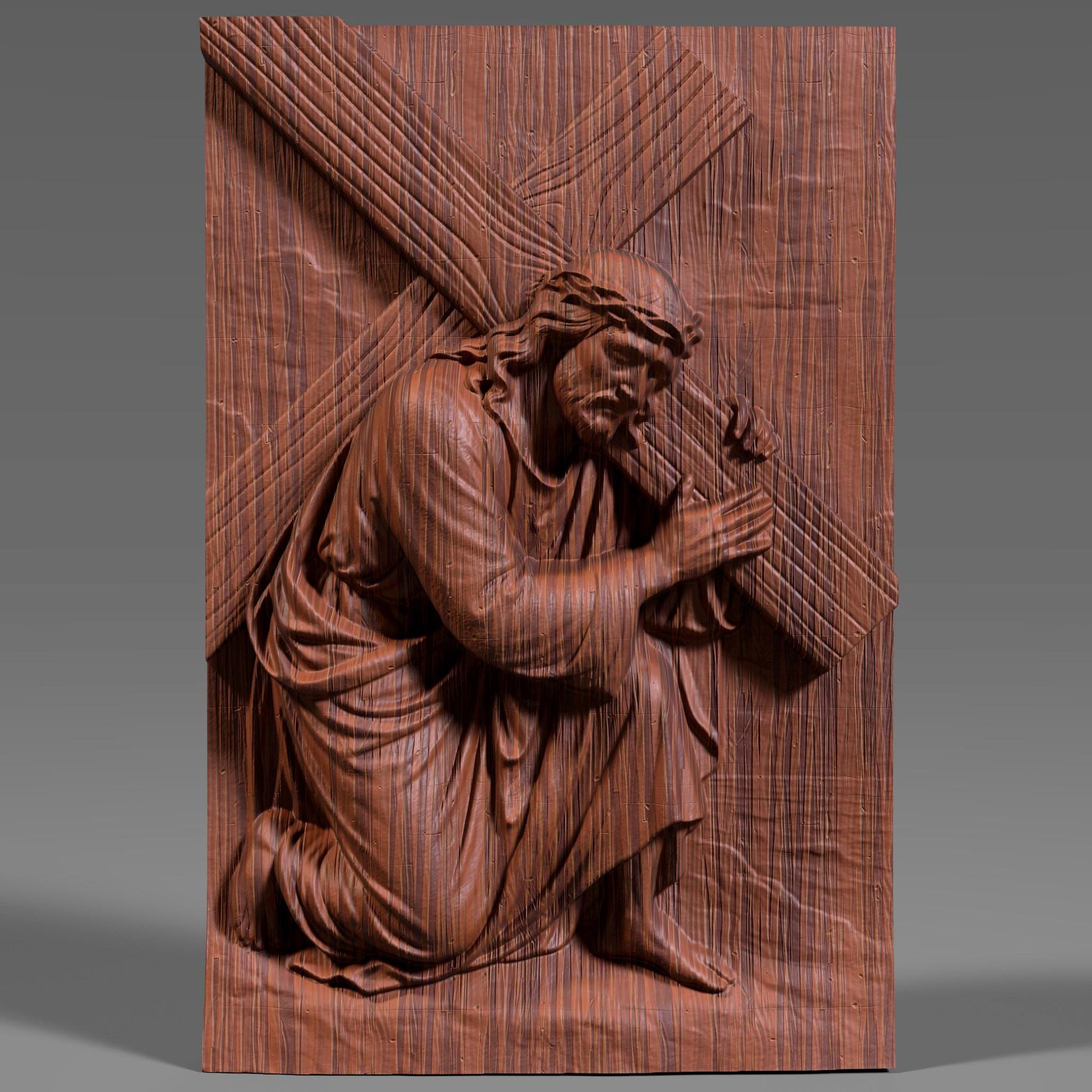 A highly detailed 3D bas-relief of Jesus Christ carrying the cross, kneeling with profound emotion and strength. Designed for CNC carving, laser engraving, or 3D printing, this STL artwork captures a sacred moment from the Passion. Perfect for Easter decor, religious gifts, or church installations. Ideal for wood, resin, or marble-like finishes, this powerful scene brings depth and spiritual reverence to any Christian wall art collection.