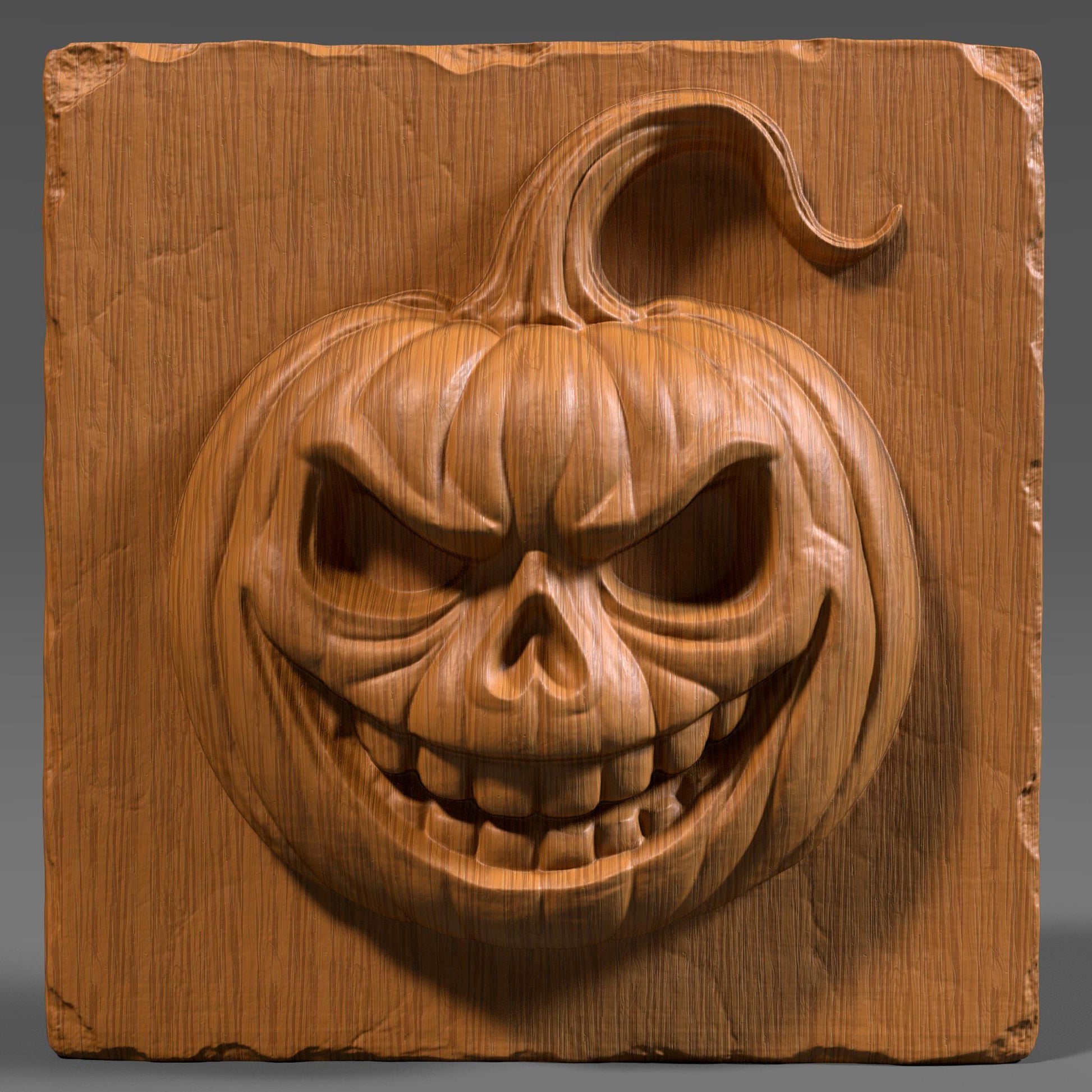 A detailed and spooky 3D bas-relief of a menacing Jack-o’-lantern carved into a wooden slab. This Halloween-themed STL design features a wickedly grinning pumpkin with sharp eyes and curved stem, ideal for CNC carving, laser engraving, or resin printing. Perfect for adding a haunting touch to seasonal decorations, wall panels, or spooky signs. Works beautifully in wood, resin, or other engravable materials.