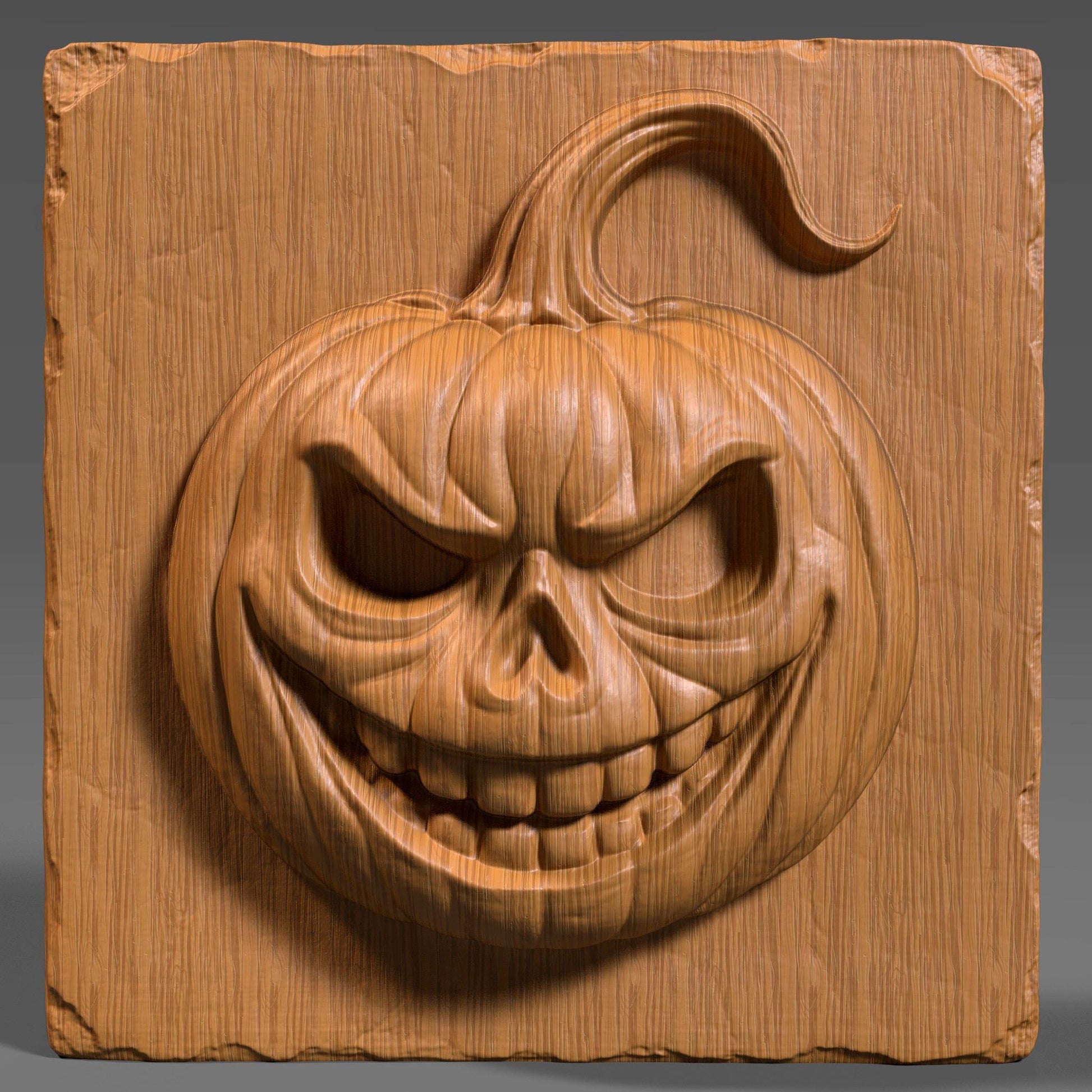 A detailed and spooky 3D bas-relief of a menacing Jack-o’-lantern carved into a wooden slab. This Halloween-themed STL design features a wickedly grinning pumpkin with sharp eyes and curved stem, ideal for CNC carving, laser engraving, or resin printing. Perfect for adding a haunting touch to seasonal decorations, wall panels, or spooky signs. Works beautifully in wood, resin, or other engravable materials.