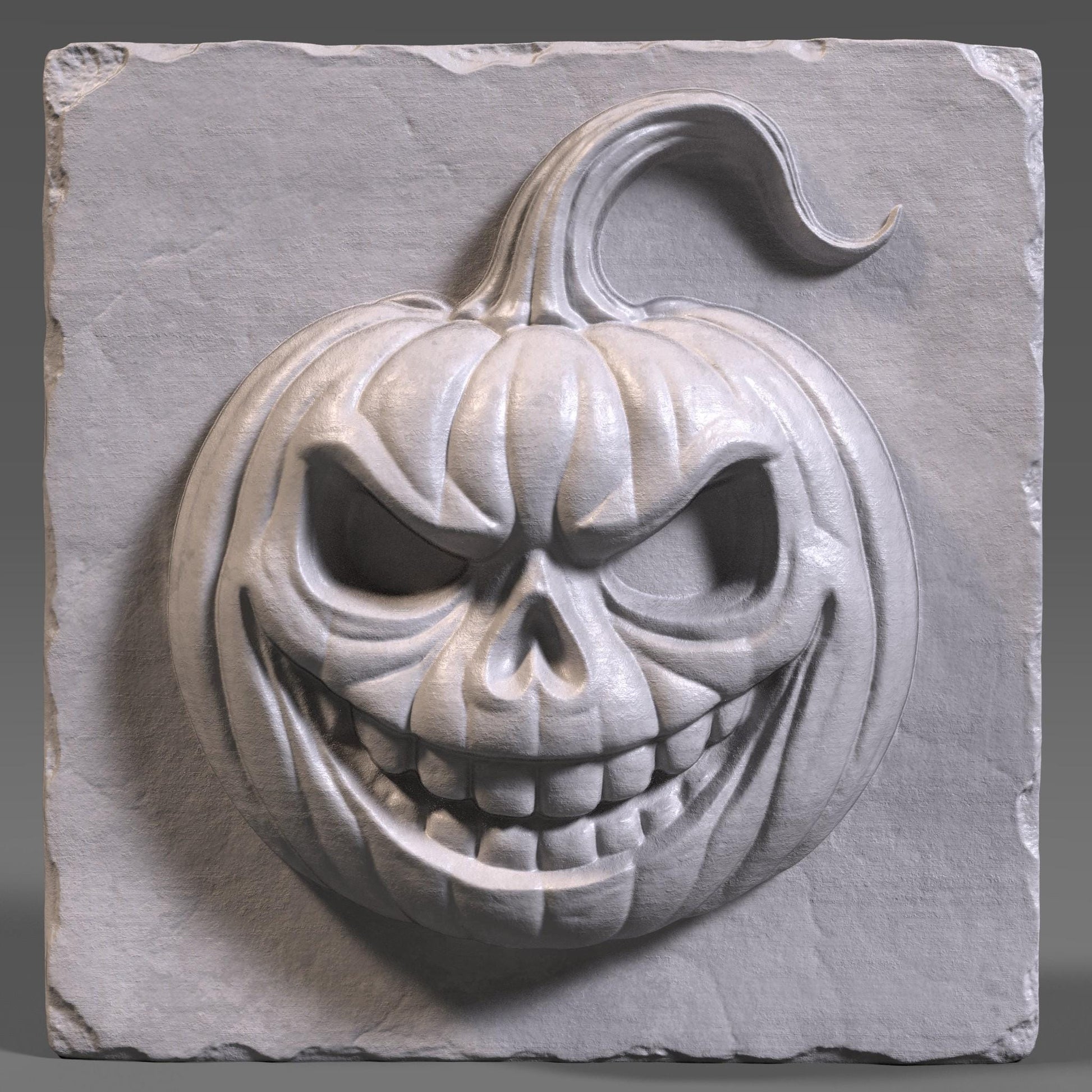 A detailed and spooky 3D bas-relief of a menacing Jack-o’-lantern carved into a wooden slab. This Halloween-themed STL design features a wickedly grinning pumpkin with sharp eyes and curved stem, ideal for CNC carving, laser engraving, or resin printing. Perfect for adding a haunting touch to seasonal decorations, wall panels, or spooky signs. Works beautifully in wood, resin, or other engravable materials.