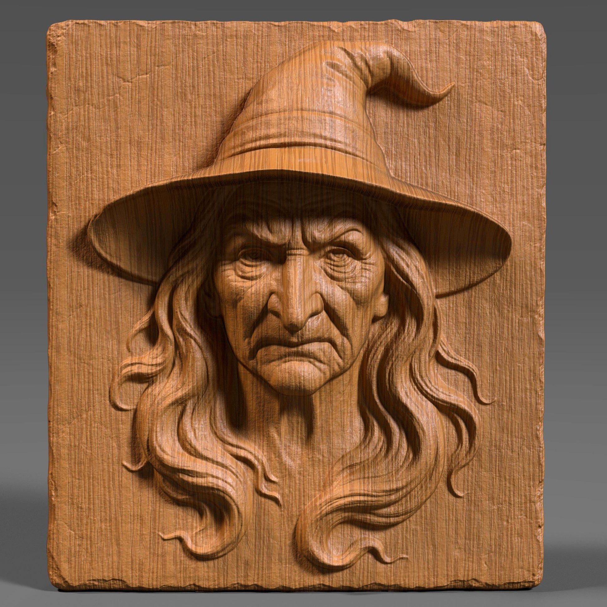 A chilling and highly detailed bas-relief of a classic Halloween witch, featuring a wrinkled face, piercing expression, and iconic pointed hat. Designed as a 3D STL model for CNC wood carving, laser engraving, or resin printing, this piece captures eerie charm and gothic style. Perfect for spooky home décor, haunted house themes, or seasonal wall art. This STL design brings out the Halloween spirit in wood, resin, or stone-like finishes.