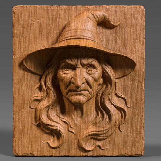 A chilling and highly detailed bas-relief of a classic Halloween witch, featuring a wrinkled face, piercing expression, and iconic pointed hat. Designed as a 3D STL model for CNC wood carving, laser engraving, or resin printing, this piece captures eerie charm and gothic style. Perfect for spooky home décor, haunted house themes, or seasonal wall art. This STL design brings out the Halloween spirit in wood, resin, or stone-like finishes.