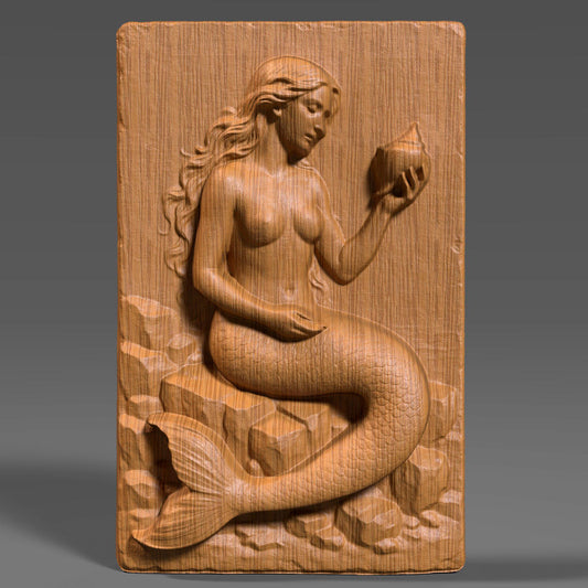 A stunning 3D bas relief of a graceful mermaid sitting among ocean rocks, delicately holding a seashell. Sculpted in elegant detail, this design captures the mystique and beauty of ocean folklore. Ideal for CNC carving, laser engraving, and 3D printing, this fantasy-themed wall art is perfect for sea lovers, nautical interiors, or mythological collections. The piece shines in wood, resin, or marble-style finishes.