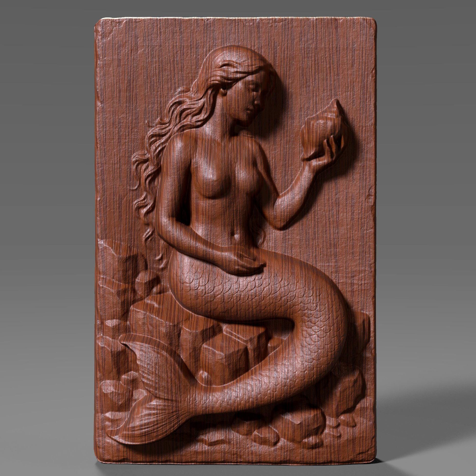 A stunning 3D bas relief of a graceful mermaid sitting among ocean rocks, delicately holding a seashell. Sculpted in elegant detail, this design captures the mystique and beauty of ocean folklore. Ideal for CNC carving, laser engraving, and 3D printing, this fantasy-themed wall art is perfect for sea lovers, nautical interiors, or mythological collections. The piece shines in wood, resin, or marble-style finishes.