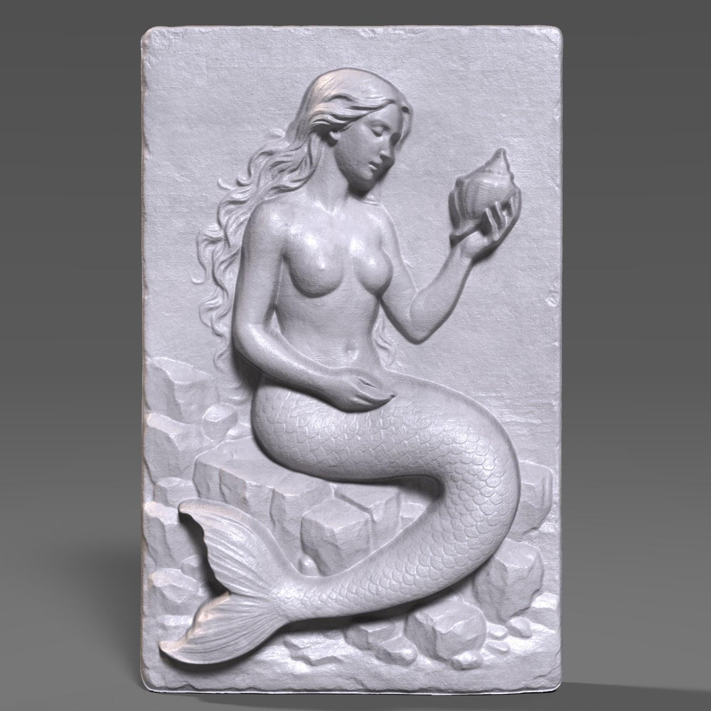 A stunning 3D bas relief of a graceful mermaid sitting among ocean rocks, delicately holding a seashell. Sculpted in elegant detail, this design captures the mystique and beauty of ocean folklore. Ideal for CNC carving, laser engraving, and 3D printing, this fantasy-themed wall art is perfect for sea lovers, nautical interiors, or mythological collections. The piece shines in wood, resin, or marble-style finishes.