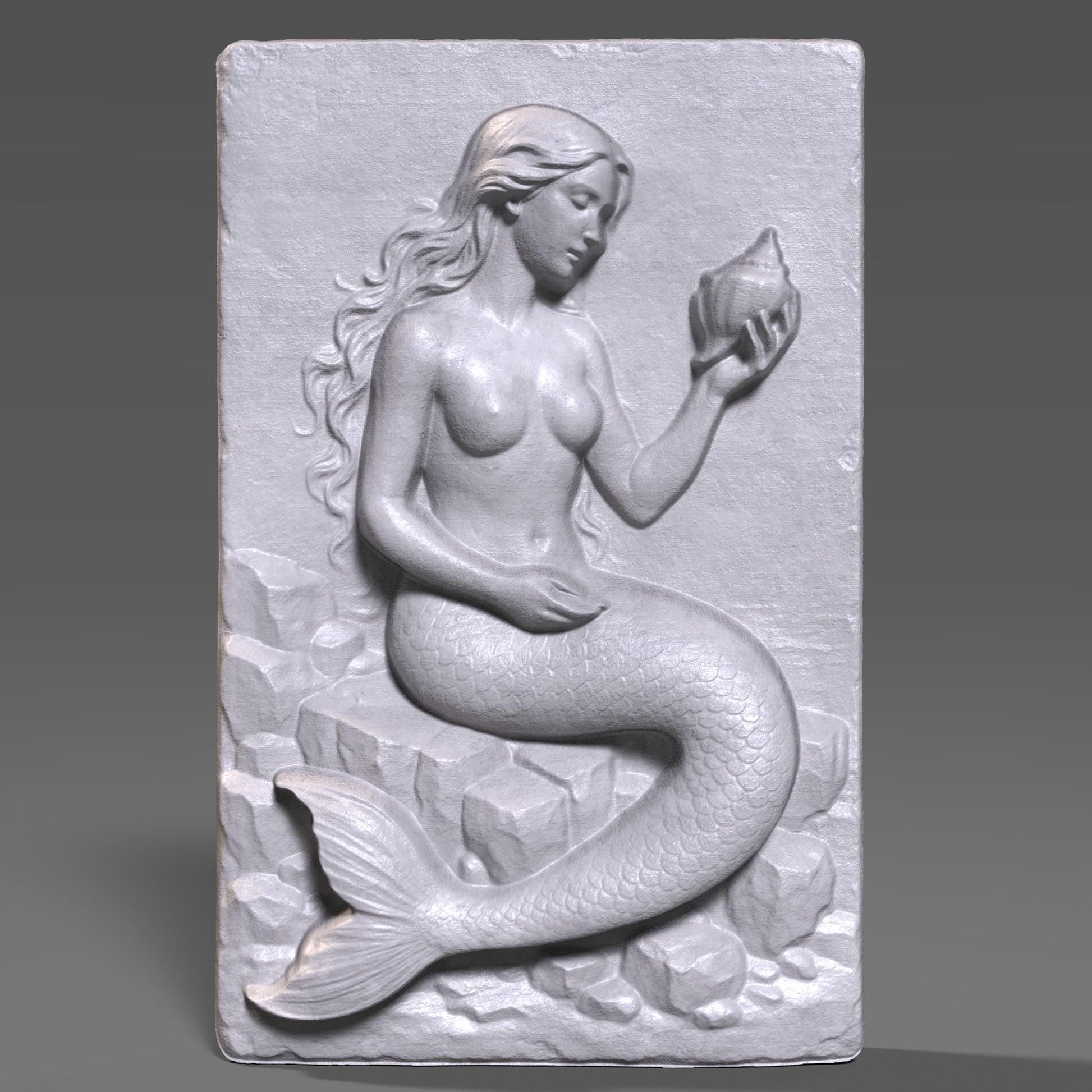 A stunning 3D bas relief of a graceful mermaid sitting among ocean rocks, delicately holding a seashell. Sculpted in elegant detail, this design captures the mystique and beauty of ocean folklore. Ideal for CNC carving, laser engraving, and 3D printing, this fantasy-themed wall art is perfect for sea lovers, nautical interiors, or mythological collections. The piece shines in wood, resin, or marble-style finishes.