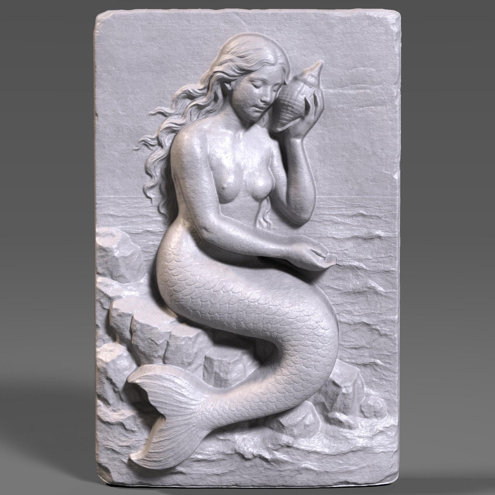 A stunning 3D bas relief of a graceful mermaid sitting among ocean rocks, delicately holding a seashell. Sculpted in elegant detail, this design captures the mystique and beauty of ocean folklore. Ideal for CNC carving, laser engraving, and 3D printing, this fantasy-themed wall art is perfect for sea lovers, nautical interiors, or mythological collections. The piece shines in wood, resin, or marble-style finishes.