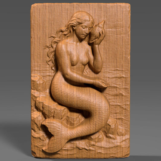 A stunning 3D bas relief of a graceful mermaid sitting among ocean rocks, delicately holding a seashell. Sculpted in elegant detail, this design captures the mystique and beauty of ocean folklore. Ideal for CNC carving, laser engraving, and 3D printing, this fantasy-themed wall art is perfect for sea lovers, nautical interiors, or mythological collections. The piece shines in wood, resin, or marble-style finishes.