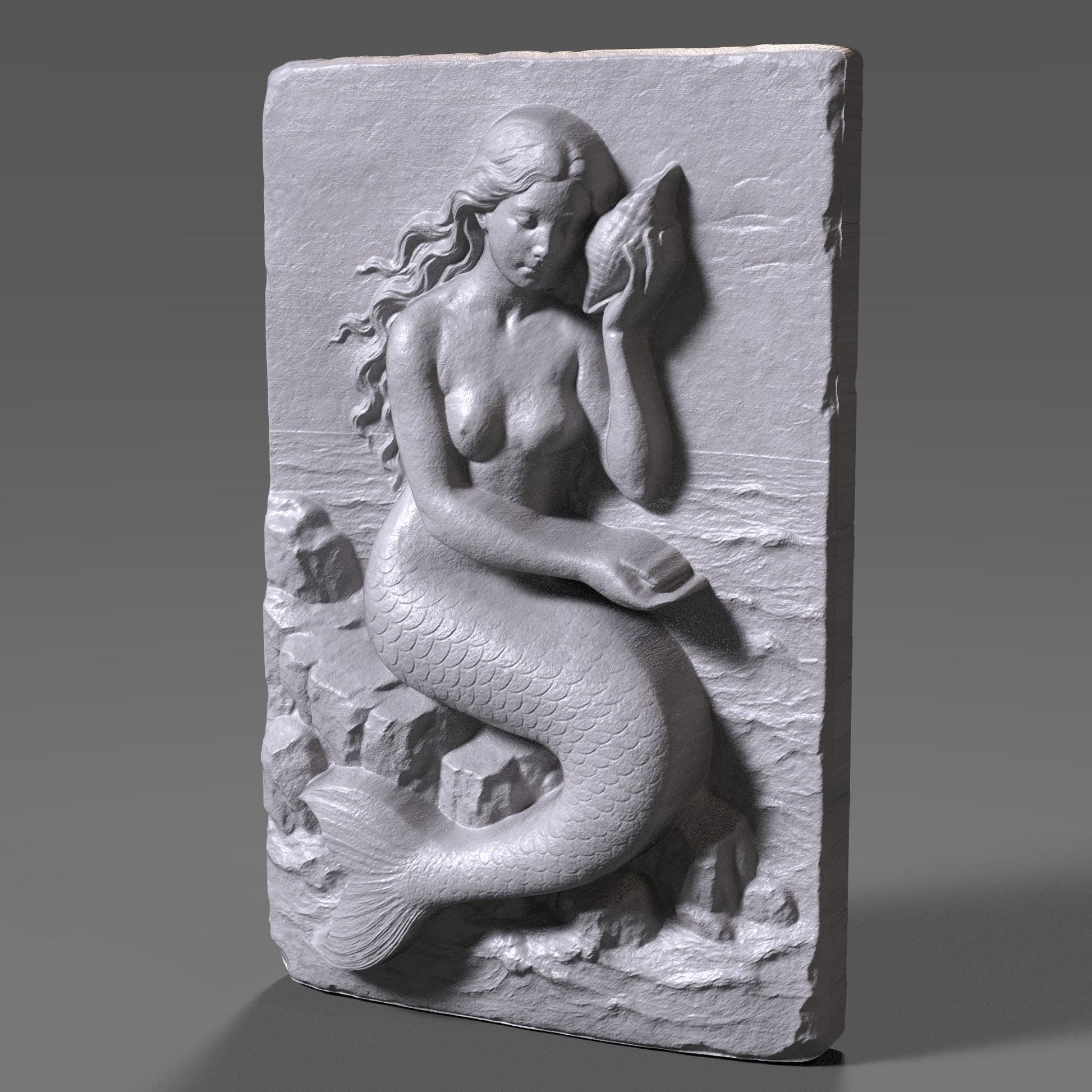 Mermaid Bas Relief STL File: 3D Seashell Wall Art for CNC/Laser