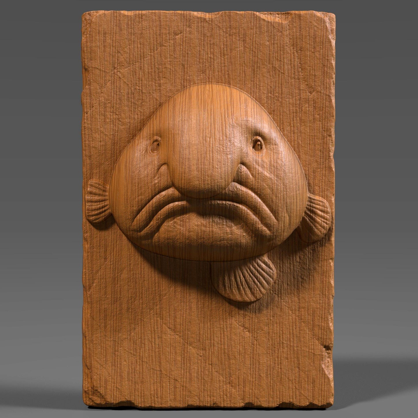 Add a touch of humor and sea-life charm to your decor with this unique Blobfish Bas Relief Wood Art. Known for its iconic frown and squishy look, the blobfish is a favorite among marine lovers and collectors of the bizarre. This 3D digital panel features finely sculpted facial folds, soft textures, and realistic anatomical detail, carved on a chipped-edge slab that enhances its handcrafted feel.