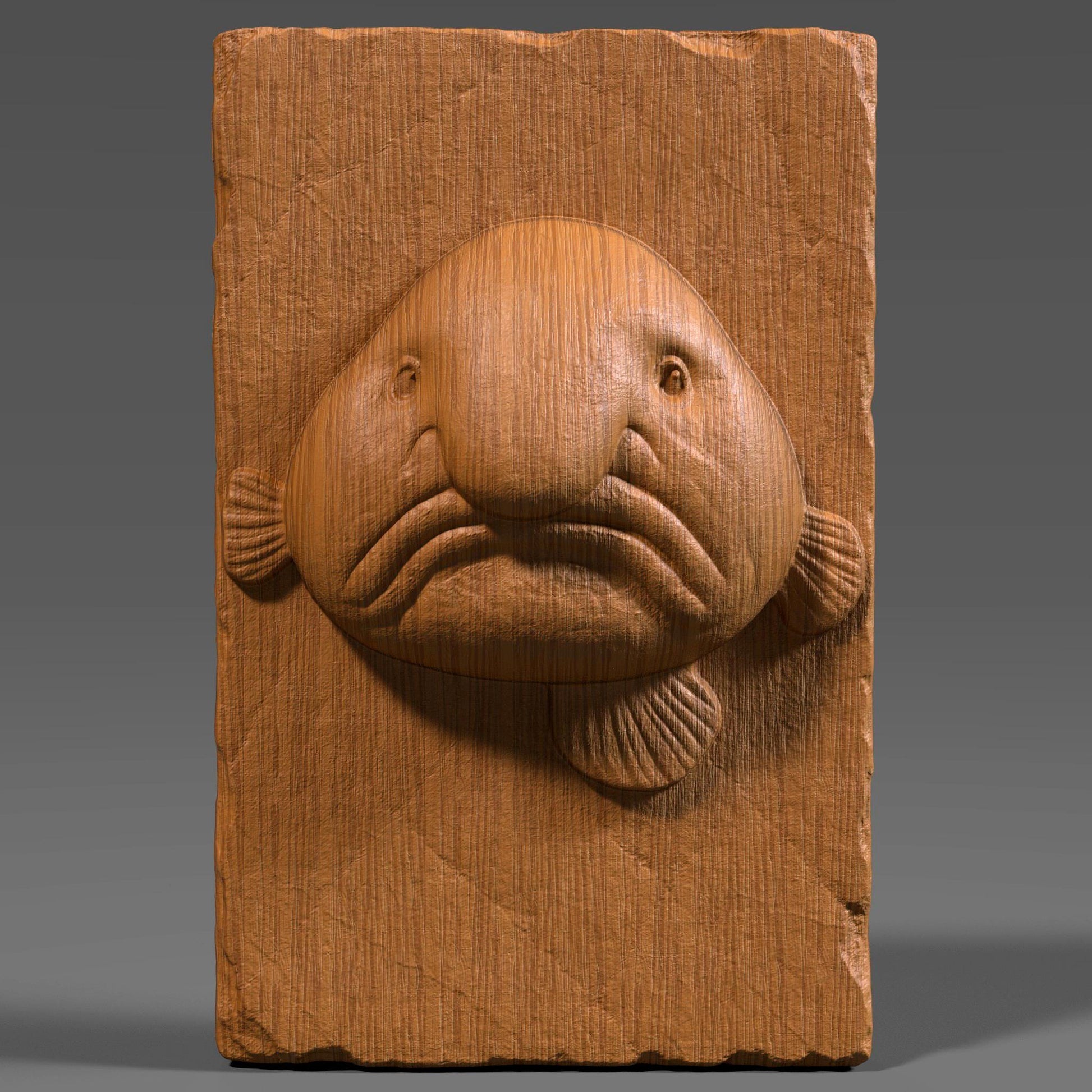 Add a touch of humor and sea-life charm to your decor with this unique Blobfish Bas Relief Wood Art. Known for its iconic frown and squishy look, the blobfish is a favorite among marine lovers and collectors of the bizarre. This 3D digital panel features finely sculpted facial folds, soft textures, and realistic anatomical detail, carved on a chipped-edge slab that enhances its handcrafted feel.