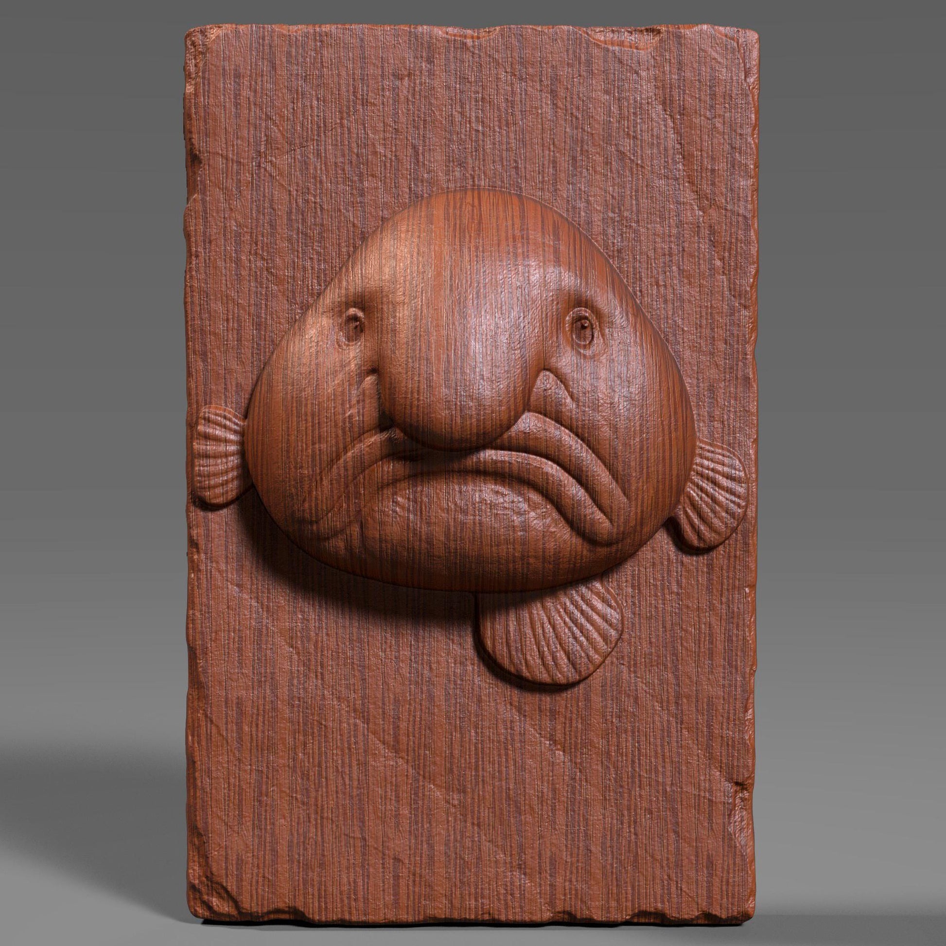 Add a touch of humor and sea-life charm to your decor with this unique Blobfish Bas Relief Wood Art. Known for its iconic frown and squishy look, the blobfish is a favorite among marine lovers and collectors of the bizarre. This 3D digital panel features finely sculpted facial folds, soft textures, and realistic anatomical detail, carved on a chipped-edge slab that enhances its handcrafted feel.