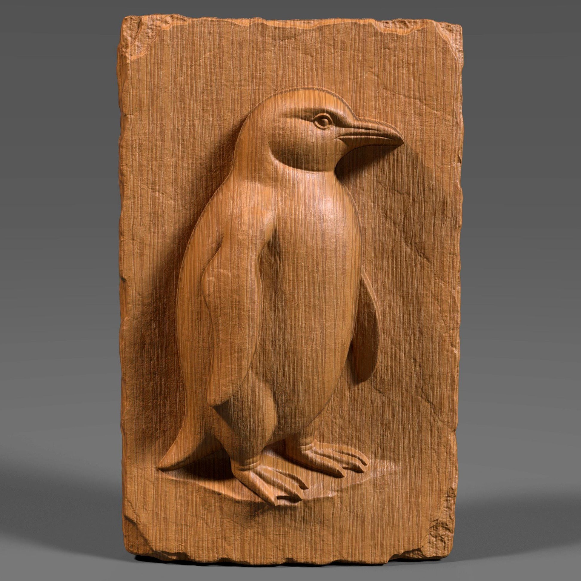 A beautifully crafted 3D bas-relief of a standing penguin carved into a vertically oriented wooden slab with chipped, rustic edges. The penguin is depicted in profile with carefully detailed wings, feet, and beak, capturing its natural stance and charm. This design is ideal for CNC carving, laser engraving, or 3D printing, and is perfect for wildlife enthusiasts, arctic animal lovers, and rustic nature-themed home decor or nursery wall art.