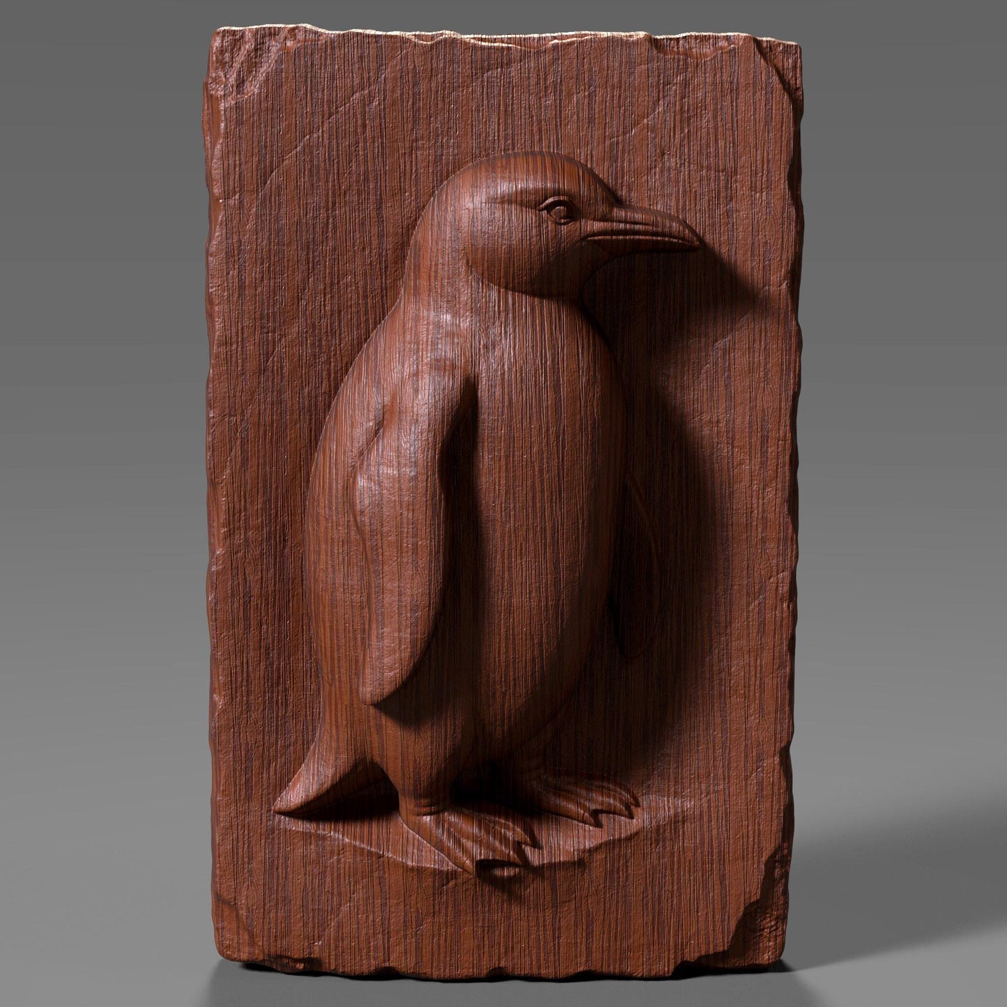 A beautifully crafted 3D bas-relief of a standing penguin carved into a vertically oriented wooden slab with chipped, rustic edges. The penguin is depicted in profile with carefully detailed wings, feet, and beak, capturing its natural stance and charm. This design is ideal for CNC carving, laser engraving, or 3D printing, and is perfect for wildlife enthusiasts, arctic animal lovers, and rustic nature-themed home decor or nursery wall art.