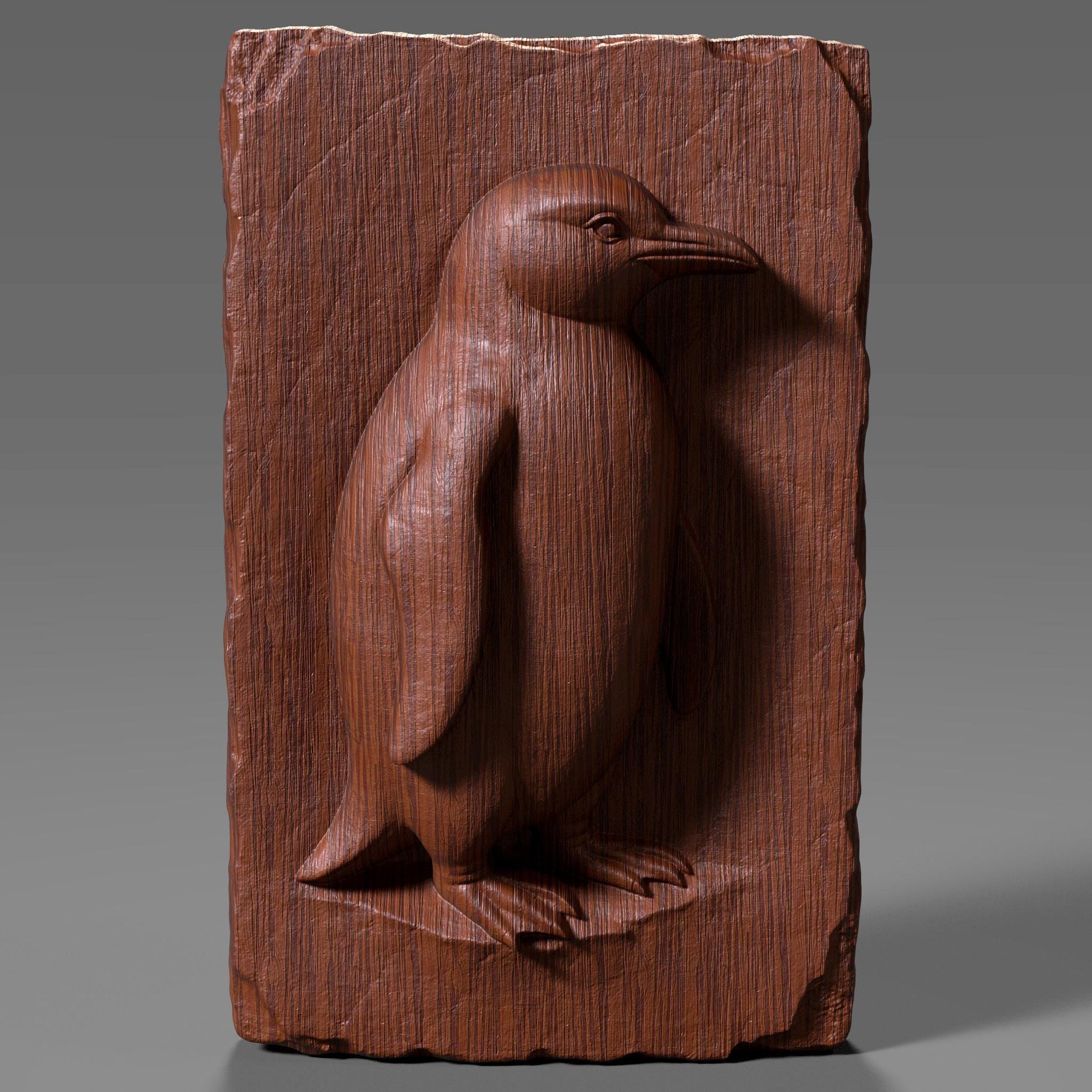 A beautifully crafted 3D bas-relief of a standing penguin carved into a vertically oriented wooden slab with chipped, rustic edges. The penguin is depicted in profile with carefully detailed wings, feet, and beak, capturing its natural stance and charm. This design is ideal for CNC carving, laser engraving, or 3D printing, and is perfect for wildlife enthusiasts, arctic animal lovers, and rustic nature-themed home decor or nursery wall art.