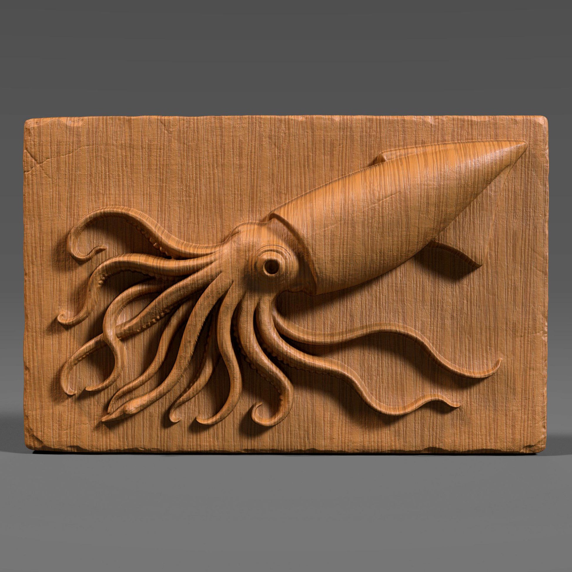 A highly detailed 3D bas relief carving of a squid crafted in a rich reddish-brown wood tone. The squid is positioned diagonally on a rectangular slab with its long tentacles dynamically flowing in various directions, creating a sense of motion. Each tentacle is intricately rendered with natural curvature and suction cups, while the squid’s large eye and streamlined body give it a lifelike presence. The background slab has chipped, rough edges and a vertical wood grain texture.