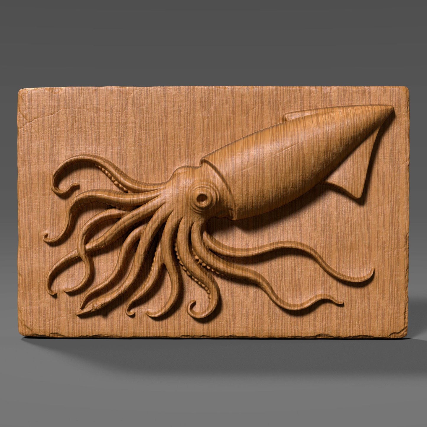 A highly detailed 3D bas relief carving of a squid crafted in a rich reddish-brown wood tone. The squid is positioned diagonally on a rectangular slab with its long tentacles dynamically flowing in various directions, creating a sense of motion. Each tentacle is intricately rendered with natural curvature and suction cups, while the squid’s large eye and streamlined body give it a lifelike presence. The background slab has chipped, rough edges and a vertical wood grain texture.