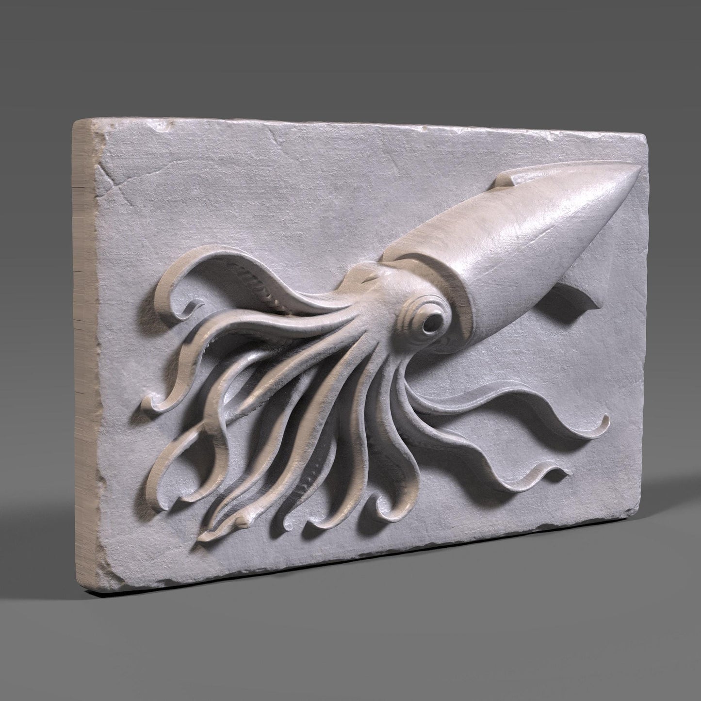 A highly detailed 3D bas relief carving of a squid crafted in a rich reddish-brown wood tone. The squid is positioned diagonally on a rectangular slab with its long tentacles dynamically flowing in various directions, creating a sense of motion. Each tentacle is intricately rendered with natural curvature and suction cups, while the squid’s large eye and streamlined body give it a lifelike presence. The background slab has chipped, rough edges and a vertical wood grain texture.