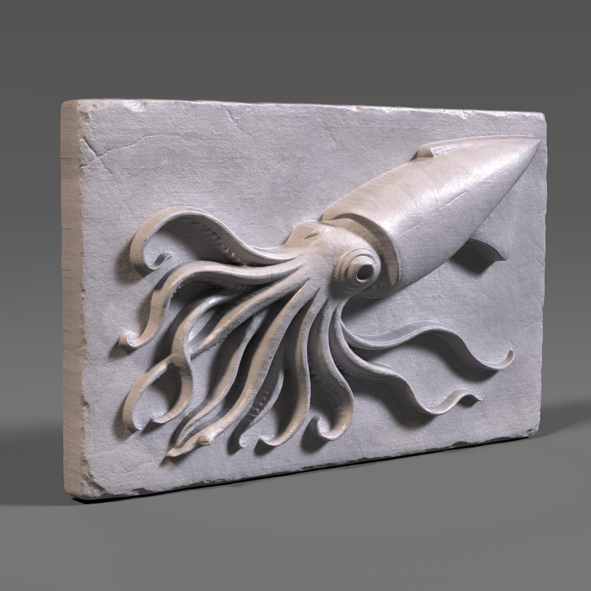 A highly detailed 3D bas relief carving of a squid crafted in a rich reddish-brown wood tone. The squid is positioned diagonally on a rectangular slab with its long tentacles dynamically flowing in various directions, creating a sense of motion. Each tentacle is intricately rendered with natural curvature and suction cups, while the squid’s large eye and streamlined body give it a lifelike presence. The background slab has chipped, rough edges and a vertical wood grain texture.