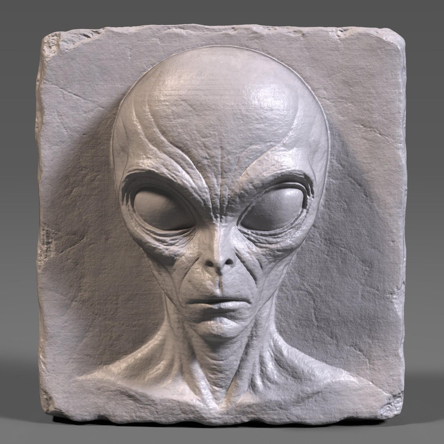 Highly detailed 3D bas relief carving of a creepy alien face on a rectangular wooden slab with chipped edges, perfect for Halloween or horror decor. The extraterrestrial figure features a bald elongated head, large almond-shaped eyes, and sunken facial features that give it an ominous and mysterious expression. The vertical wood grain texture enhances its eerie vibe. Designed for CNC carving, laser engraving, or 3D printing, this spooky wall art makes a haunting sci-fi statement.