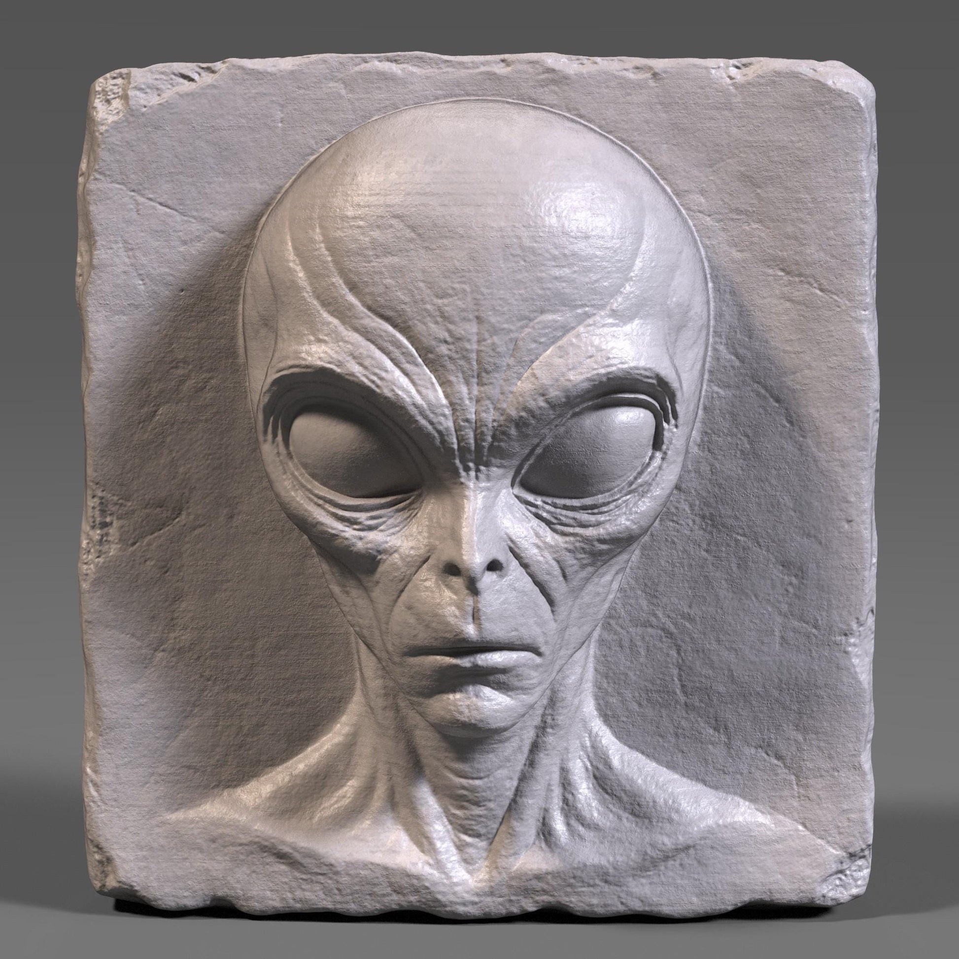 Highly detailed 3D bas relief carving of a creepy alien face on a rectangular wooden slab with chipped edges, perfect for Halloween or horror decor. The extraterrestrial figure features a bald elongated head, large almond-shaped eyes, and sunken facial features that give it an ominous and mysterious expression. The vertical wood grain texture enhances its eerie vibe. Designed for CNC carving, laser engraving, or 3D printing, this spooky wall art makes a haunting sci-fi statement.