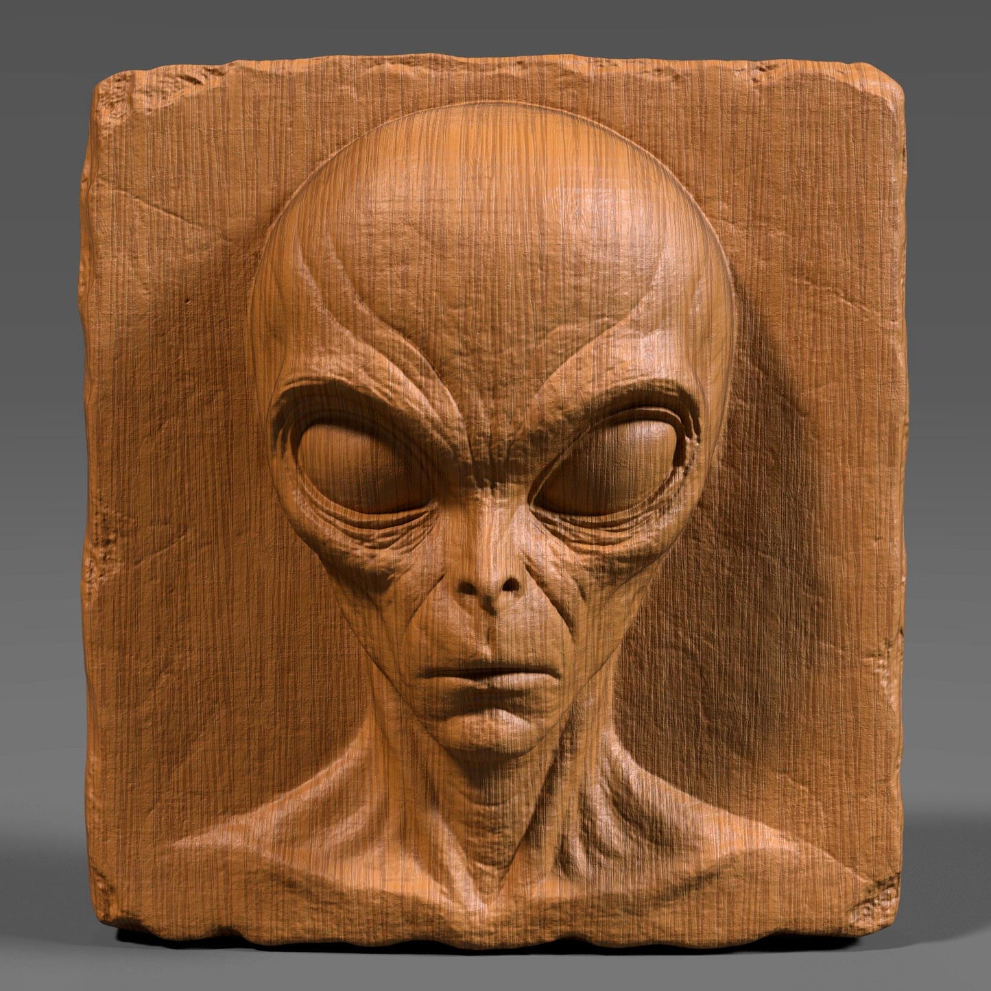 Highly detailed 3D bas relief carving of a creepy alien face on a rectangular wooden slab with chipped edges, perfect for Halloween or horror decor. The extraterrestrial figure features a bald elongated head, large almond-shaped eyes, and sunken facial features that give it an ominous and mysterious expression. The vertical wood grain texture enhances its eerie vibe. Designed for CNC carving, laser engraving, or 3D printing, this spooky wall art makes a haunting sci-fi statement.