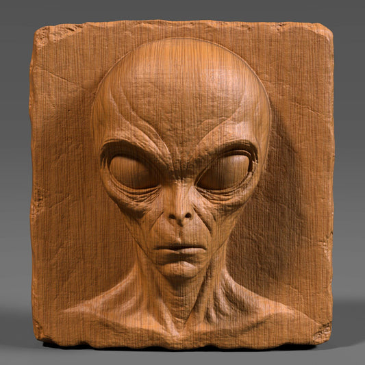 Highly detailed 3D bas relief carving of a creepy alien face on a rectangular wooden slab with chipped edges, perfect for Halloween or horror decor. The extraterrestrial figure features a bald elongated head, large almond-shaped eyes, and sunken facial features that give it an ominous and mysterious expression. The vertical wood grain texture enhances its eerie vibe. Designed for CNC carving, laser engraving, or 3D printing, this spooky wall art makes a haunting sci-fi statement.