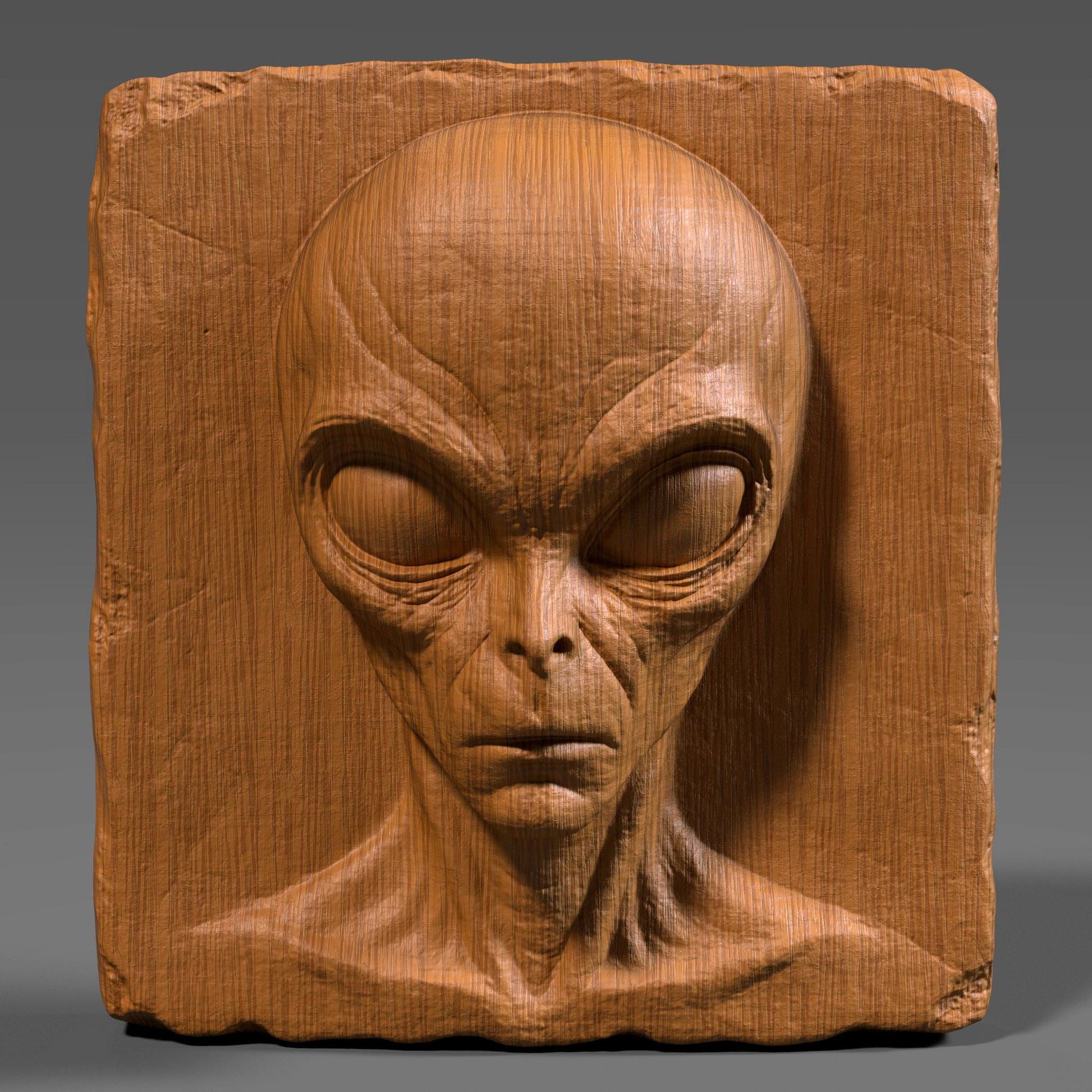 Highly detailed 3D bas relief carving of a creepy alien face on a rectangular wooden slab with chipped edges, perfect for Halloween or horror decor. The extraterrestrial figure features a bald elongated head, large almond-shaped eyes, and sunken facial features that give it an ominous and mysterious expression. The vertical wood grain texture enhances its eerie vibe. Designed for CNC carving, laser engraving, or 3D printing, this spooky wall art makes a haunting sci-fi statement.