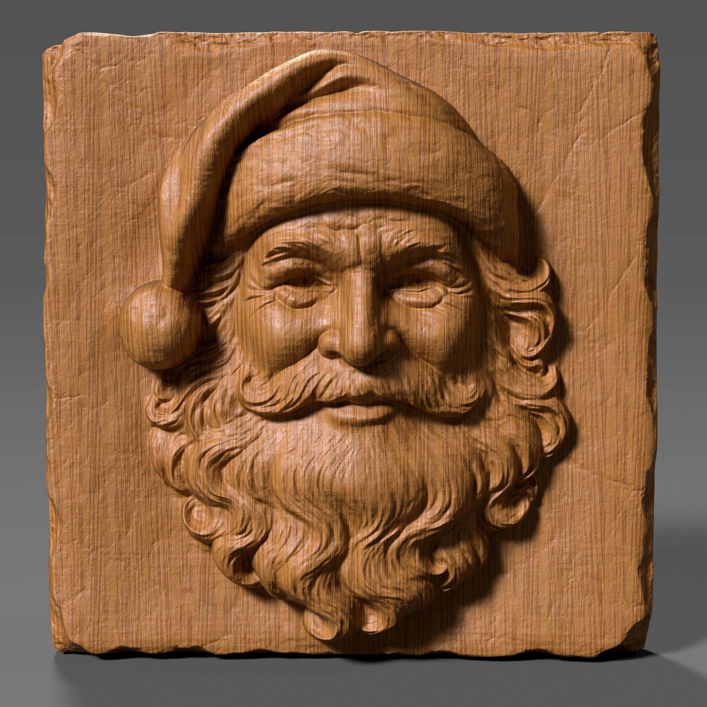 A detailed 3D bas-relief wood carving of Santa Claus’s joyful face on a rustic square wooden slab. The cheerful expression features classic details like a full curly beard, expressive eyes, and a Santa hat with a pom-pom that bends to the left. The texture of the wood grain enhances the traditional, handcrafted aesthetic, while the high-relief sculpting gives it depth and character. Ideal for Christmas-themed décor, laser engraving, CNC carving, or festive holiday crafts.