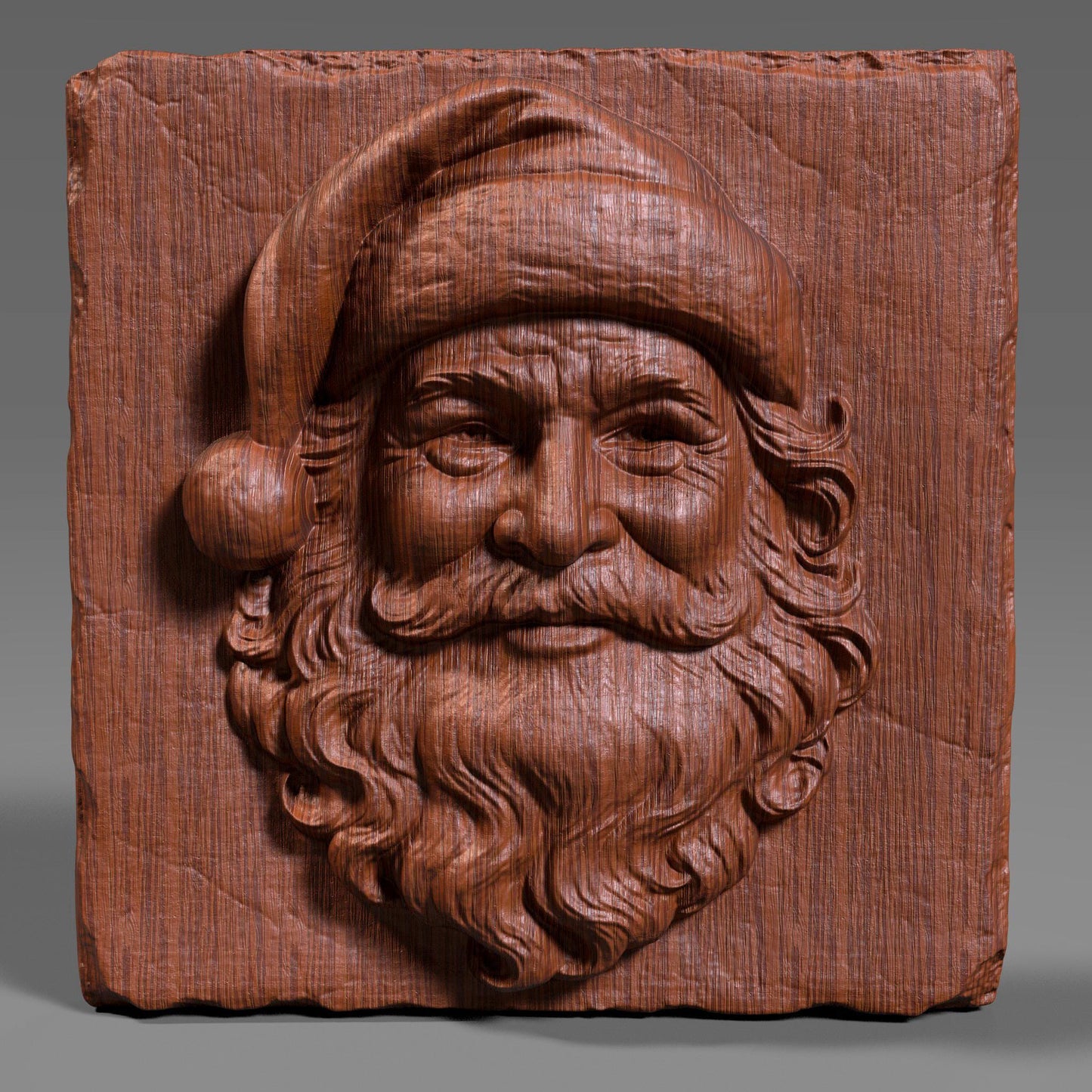 A detailed 3D bas-relief wood carving of Santa Claus’s joyful face on a rustic square wooden slab. The cheerful expression features classic details like a full curly beard, expressive eyes, and a Santa hat with a pom-pom that bends to the left. The texture of the wood grain enhances the traditional, handcrafted aesthetic, while the high-relief sculpting gives it depth and character. Ideal for Christmas-themed décor, laser engraving, CNC carving, or festive holiday crafts.