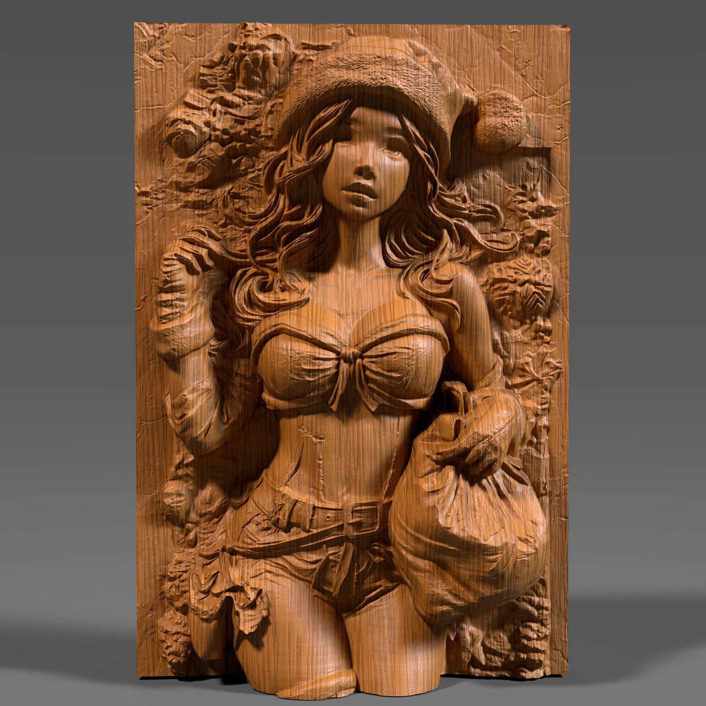 A highly detailed 3D bas relief carving of a sexy female Santa Claus in a classic pin-up pose, wearing a festive Santa hat and holding a gift sack. Her confident expression, flowing wavy hair, and stylized outfit are beautifully carved into a wooden panel, showcasing fine textures and curves. Perfect for CNC wood carving, laser engraving, or 3D printing, this holiday-themed artwork adds charm, warmth, and playful elegance to any Christmas or winter décor setting.