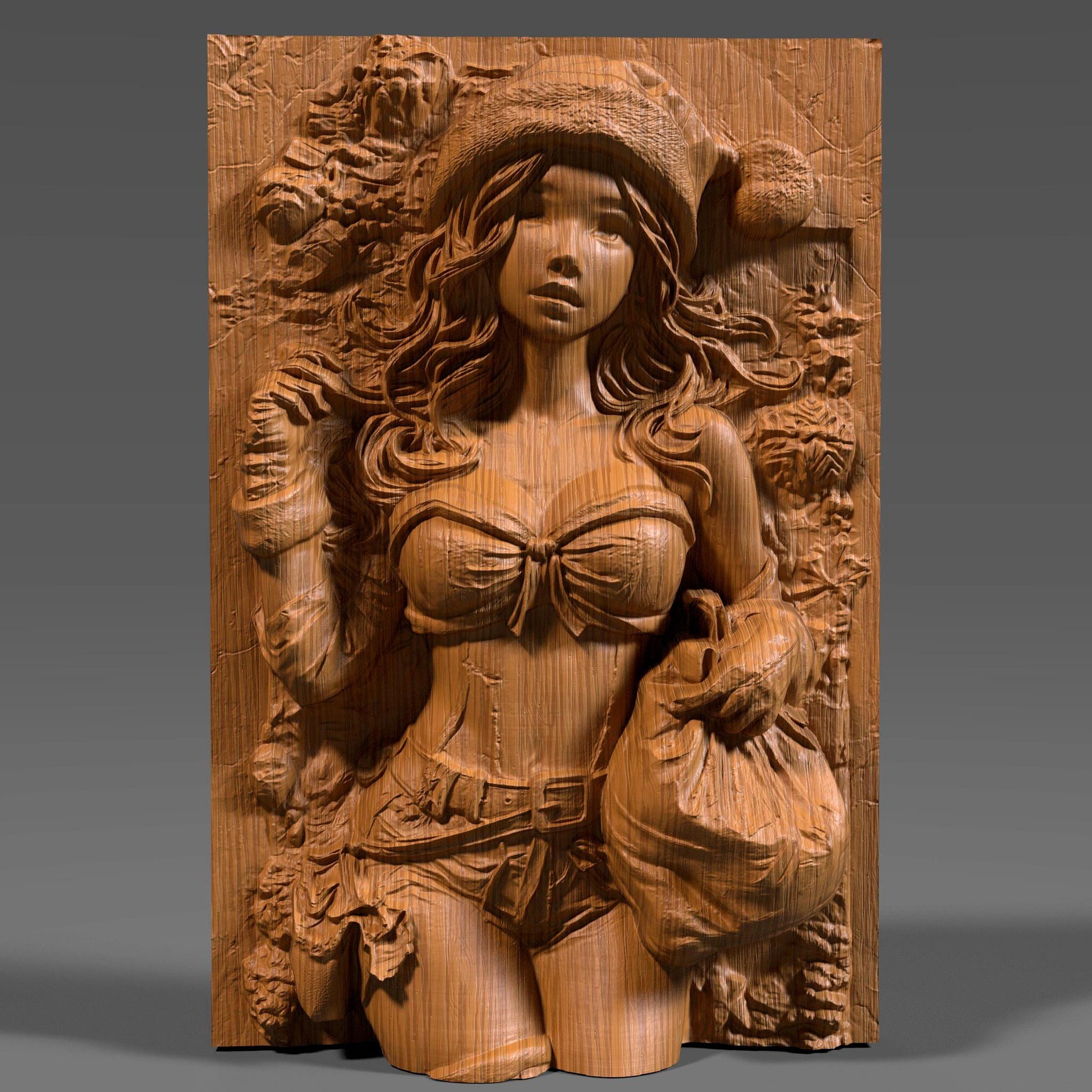 A highly detailed 3D bas relief carving of a sexy female Santa Claus in a classic pin-up pose, wearing a festive Santa hat and holding a gift sack. Her confident expression, flowing wavy hair, and stylized outfit are beautifully carved into a wooden panel, showcasing fine textures and curves. Perfect for CNC wood carving, laser engraving, or 3D printing, this holiday-themed artwork adds charm, warmth, and playful elegance to any Christmas or winter décor setting.