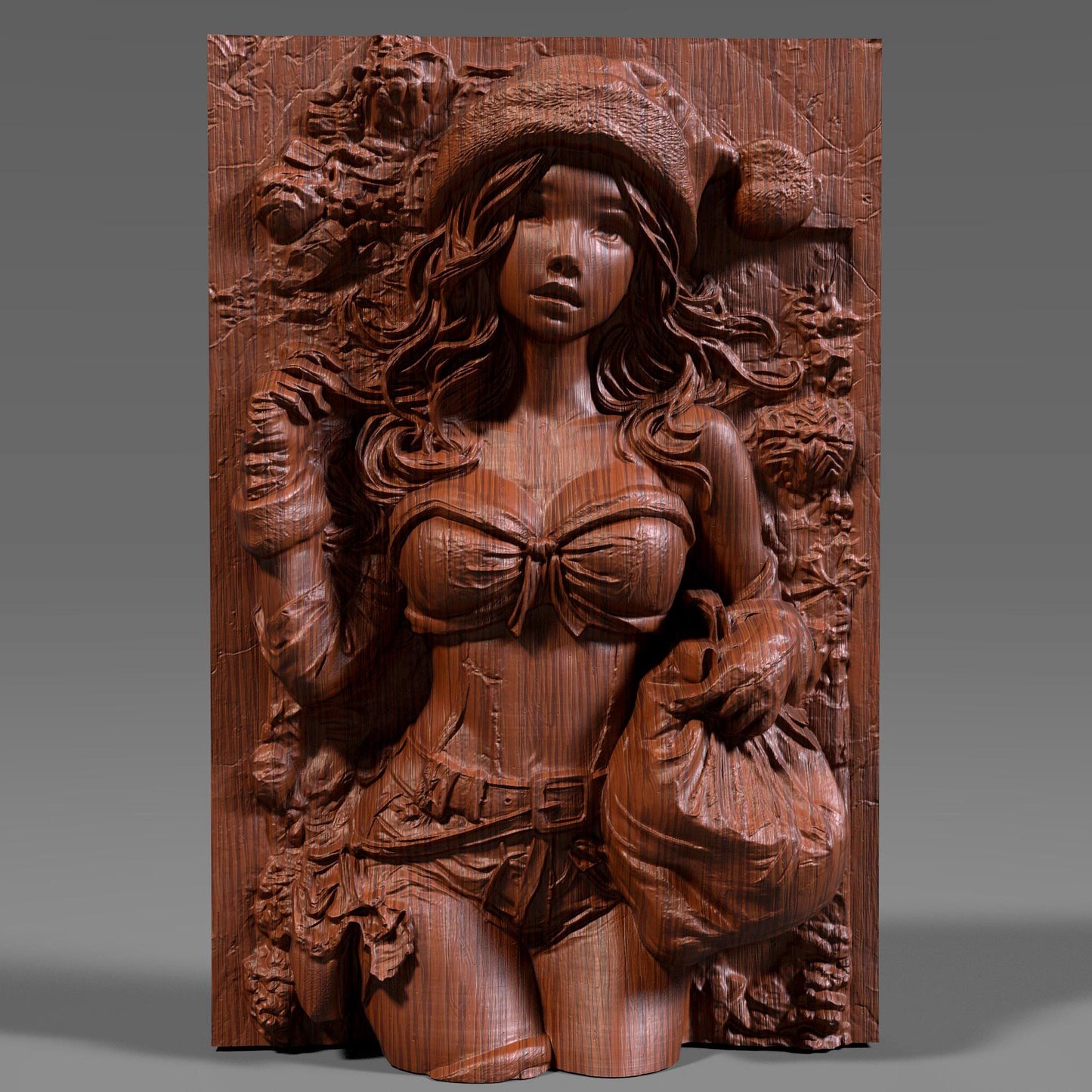 A highly detailed 3D bas relief carving of a sexy female Santa Claus in a classic pin-up pose, wearing a festive Santa hat and holding a gift sack. Her confident expression, flowing wavy hair, and stylized outfit are beautifully carved into a wooden panel, showcasing fine textures and curves. Perfect for CNC wood carving, laser engraving, or 3D printing, this holiday-themed artwork adds charm, warmth, and playful elegance to any Christmas or winter décor setting.