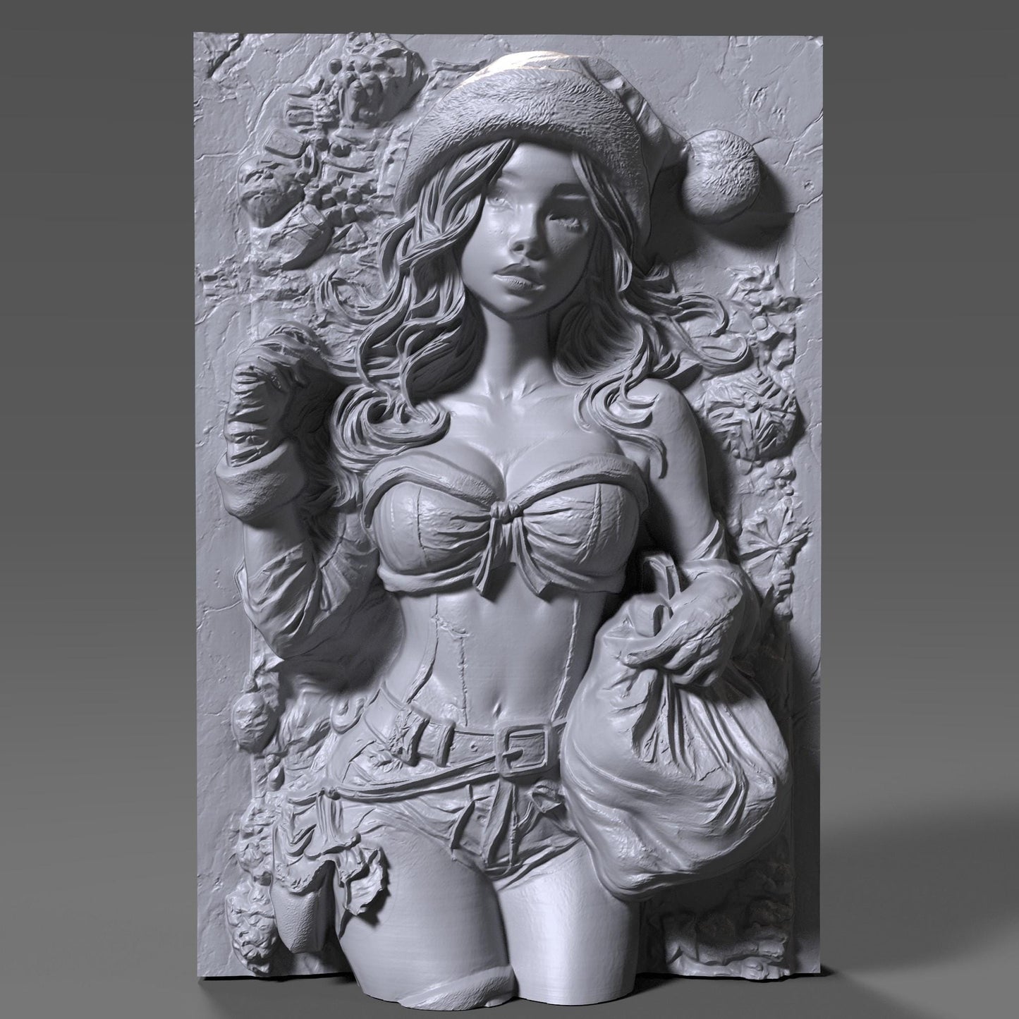A highly detailed 3D bas relief carving of a sexy female Santa Claus in a classic pin-up pose, wearing a festive Santa hat and holding a gift sack. Her confident expression, flowing wavy hair, and stylized outfit are beautifully carved into a wooden panel, showcasing fine textures and curves. Perfect for CNC wood carving, laser engraving, or 3D printing, this holiday-themed artwork adds charm, warmth, and playful elegance to any Christmas or winter décor setting.