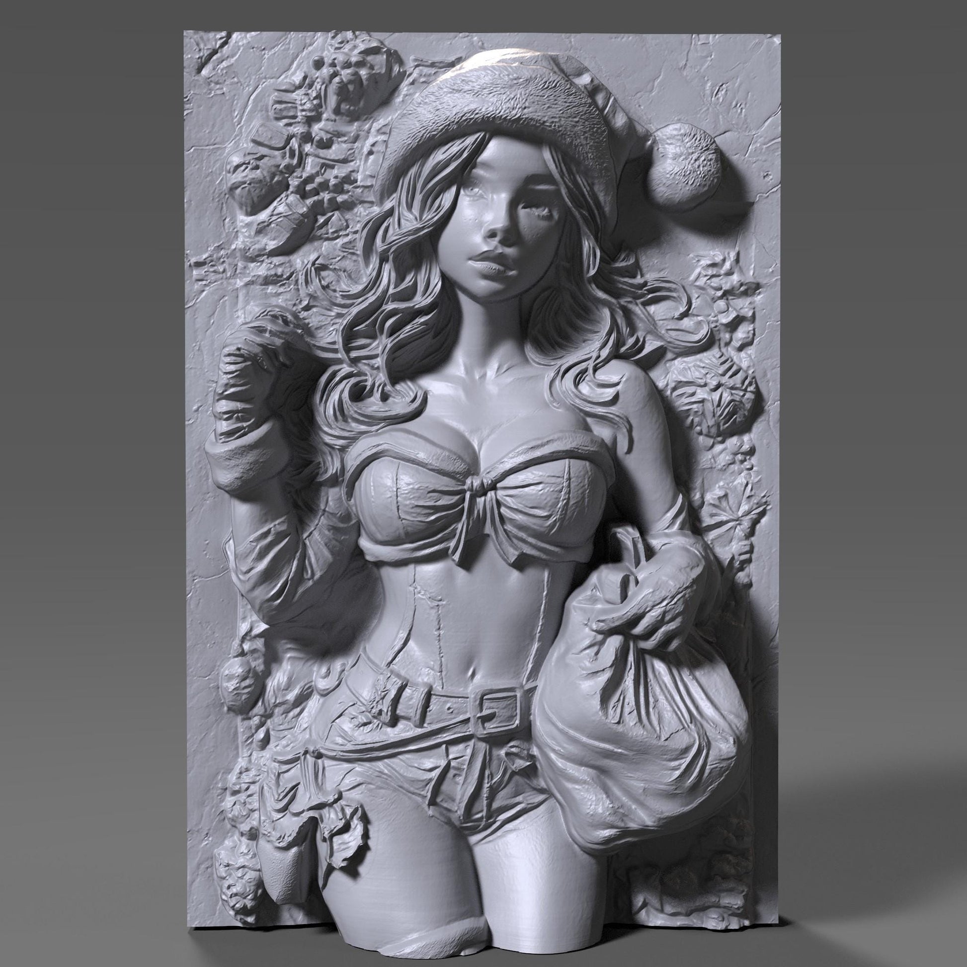 A highly detailed 3D bas relief carving of a sexy female Santa Claus in a classic pin-up pose, wearing a festive Santa hat and holding a gift sack. Her confident expression, flowing wavy hair, and stylized outfit are beautifully carved into a wooden panel, showcasing fine textures and curves. Perfect for CNC wood carving, laser engraving, or 3D printing, this holiday-themed artwork adds charm, warmth, and playful elegance to any Christmas or winter décor setting.