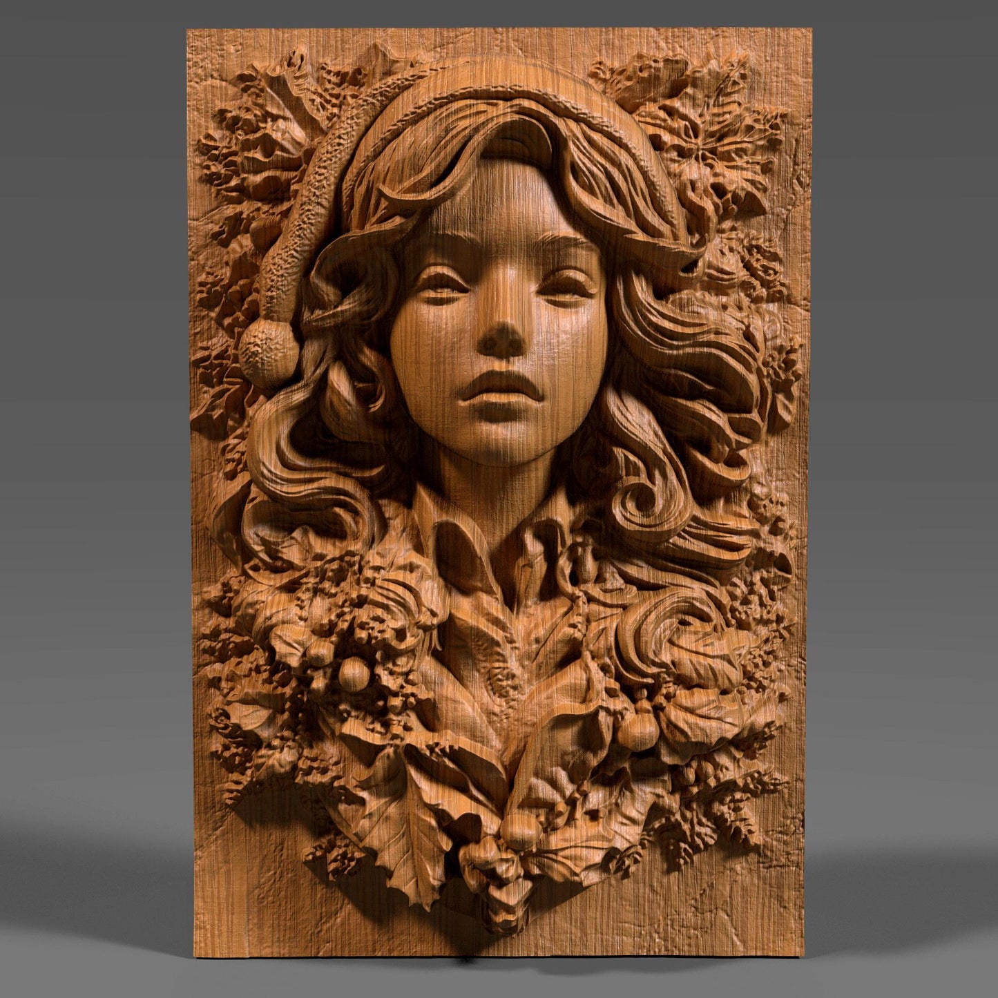 3D wood bas relief carving of a female Santa styled as a festive pin-up girl, with long flowing hair, a soft Santa hat, and elegant facial features. She is surrounded by detailed Christmas foliage including holly leaves, berries, and pinecones, all carved in high detail on a vertical wood slab. The design showcases deep engravings, soft curves, and festive cheer, making it ideal for CNC carving, Xtool laser engraving, 3D printing, or holiday wall decor with a bold, feminine twist.