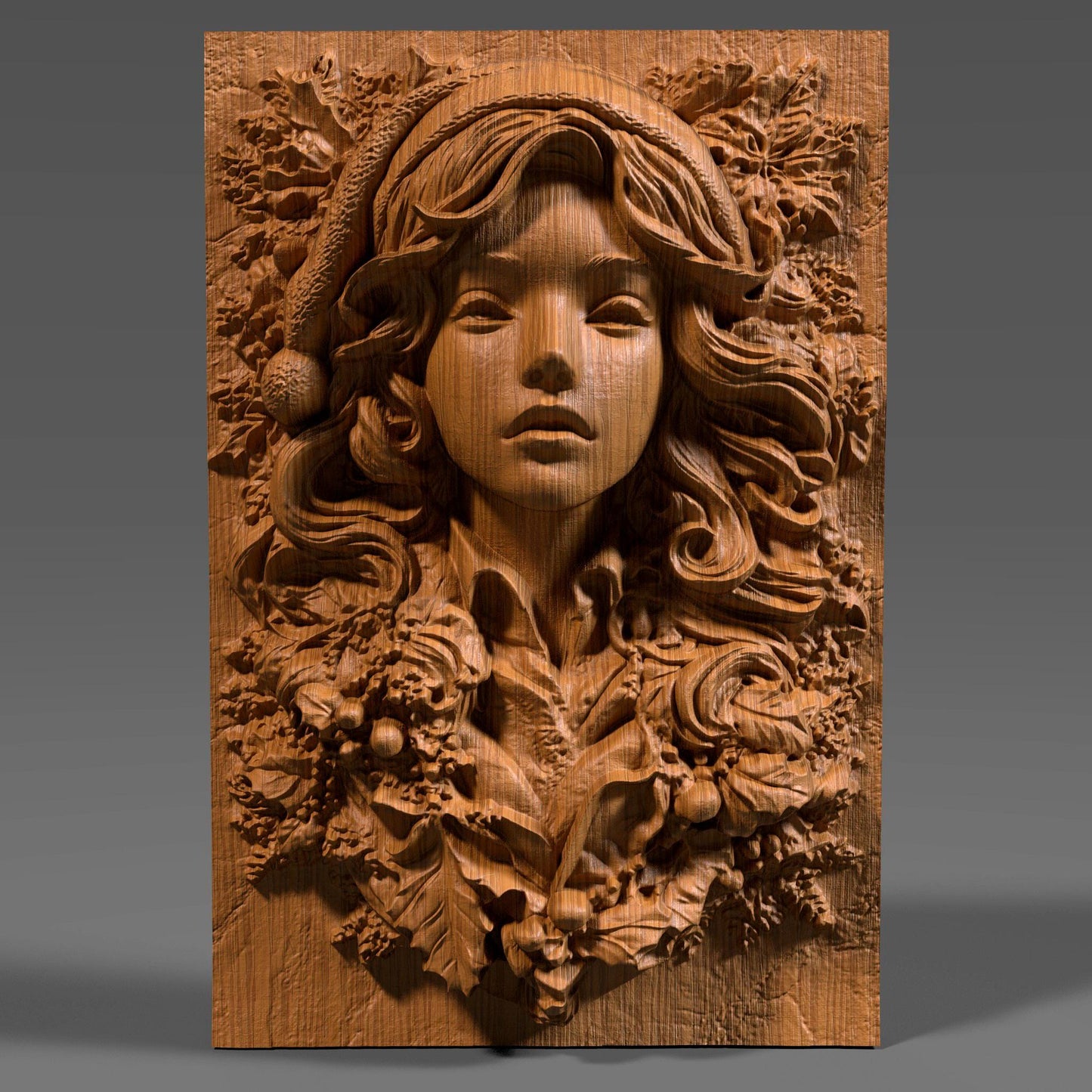 3D wood bas relief carving of a female Santa styled as a festive pin-up girl, with long flowing hair, a soft Santa hat, and elegant facial features. She is surrounded by detailed Christmas foliage including holly leaves, berries, and pinecones, all carved in high detail on a vertical wood slab. The design showcases deep engravings, soft curves, and festive cheer, making it ideal for CNC carving, Xtool laser engraving, 3D printing, or holiday wall decor with a bold, feminine twist.