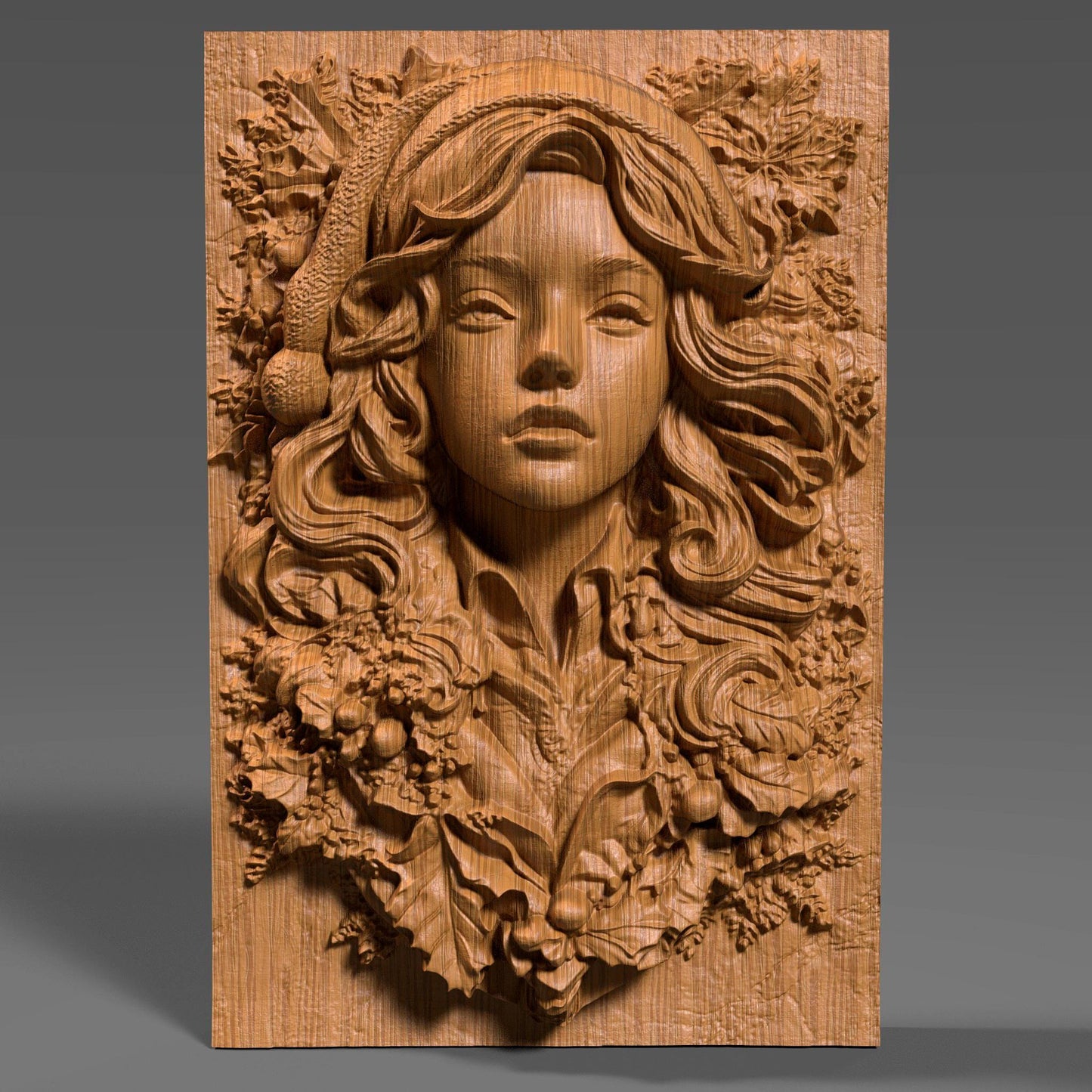 3D wood bas relief carving of a female Santa styled as a festive pin-up girl, with long flowing hair, a soft Santa hat, and elegant facial features. She is surrounded by detailed Christmas foliage including holly leaves, berries, and pinecones, all carved in high detail on a vertical wood slab. The design showcases deep engravings, soft curves, and festive cheer, making it ideal for CNC carving, Xtool laser engraving, 3D printing, or holiday wall decor with a bold, feminine twist.