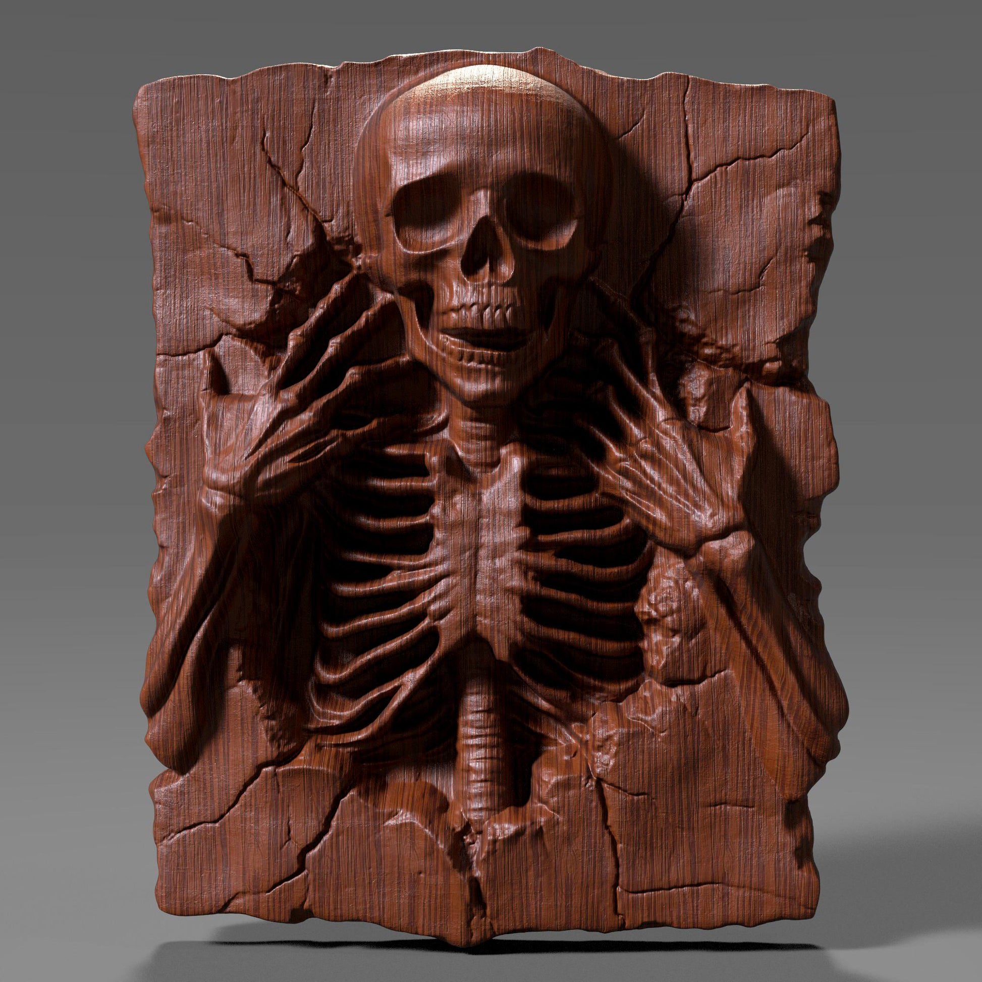 A realistic 3D bas relief of a creepy skeleton carved into a cracked wooden slab, with the skull facing forward and its bony fingers reaching toward its hollow eyes. The ribcage and spine are detailed with deep carvings, enhancing the dramatic lighting and shadows. The wood texture mimics aged and decaying surfaces, giving it an antique look. Ideal for Halloween or gothic-themed decor, CNC or laser carving, this artwork brings haunting depth and eerie charm to any wall.