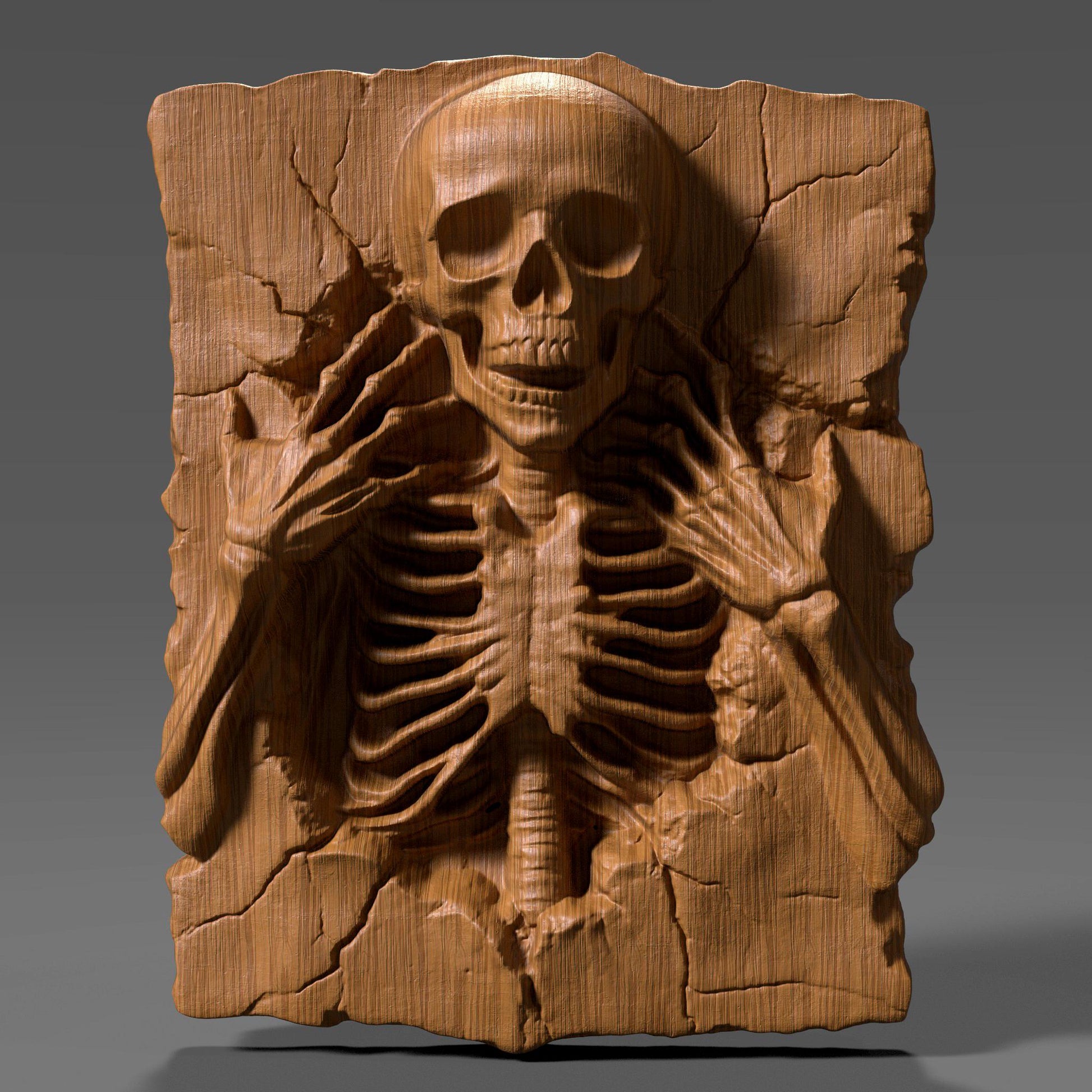 A realistic 3D bas relief of a creepy skeleton carved into a cracked wooden slab, with the skull facing forward and its bony fingers reaching toward its hollow eyes. The ribcage and spine are detailed with deep carvings, enhancing the dramatic lighting and shadows. The wood texture mimics aged and decaying surfaces, giving it an antique look. Ideal for Halloween or gothic-themed decor, CNC or laser carving, this artwork brings haunting depth and eerie charm to any wall.