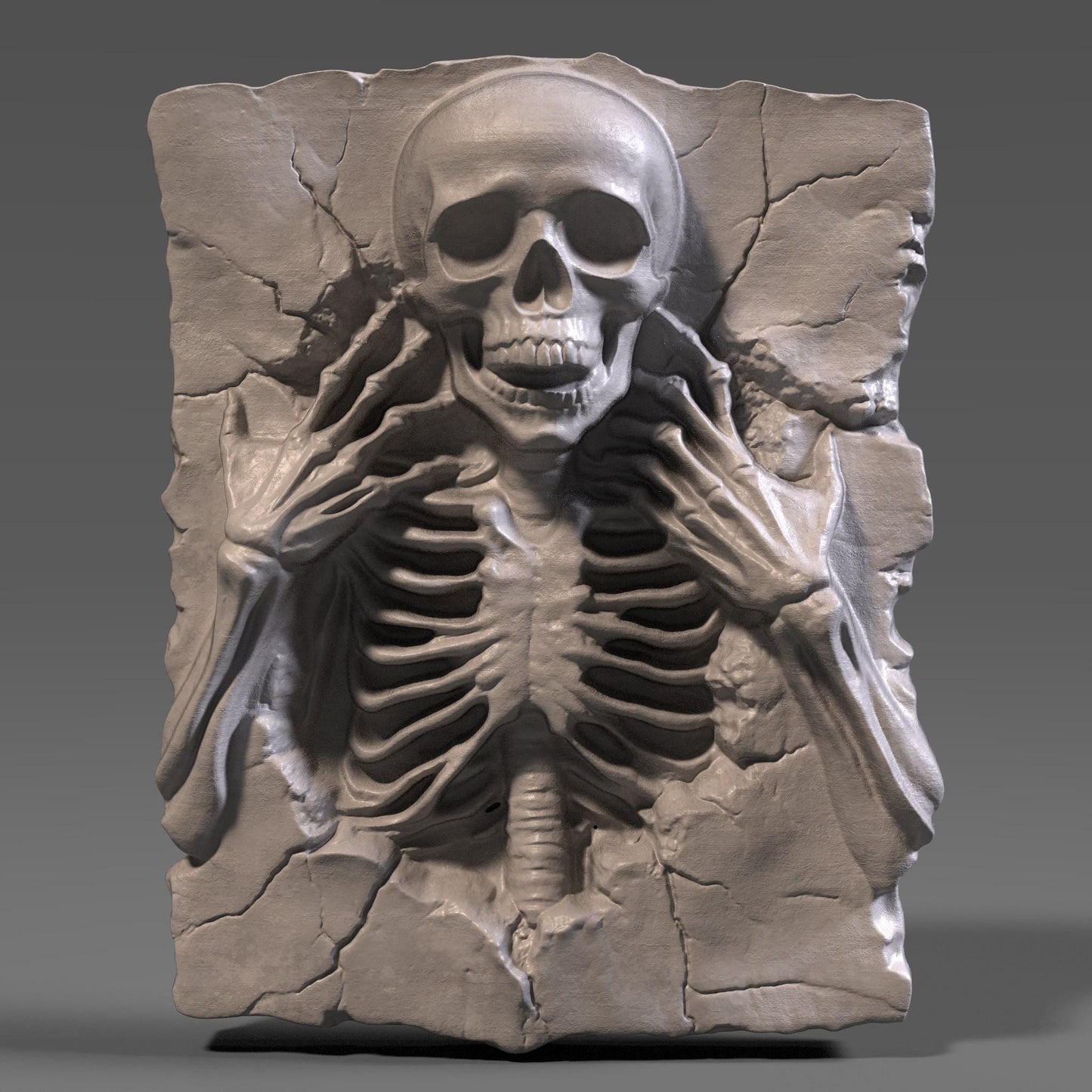 A realistic 3D bas relief of a creepy skeleton carved into a cracked wooden slab, with the skull facing forward and its bony fingers reaching toward its hollow eyes. The ribcage and spine are detailed with deep carvings, enhancing the dramatic lighting and shadows. The wood texture mimics aged and decaying surfaces, giving it an antique look. Ideal for Halloween or gothic-themed decor, CNC or laser carving, this artwork brings haunting depth and eerie charm to any wall.